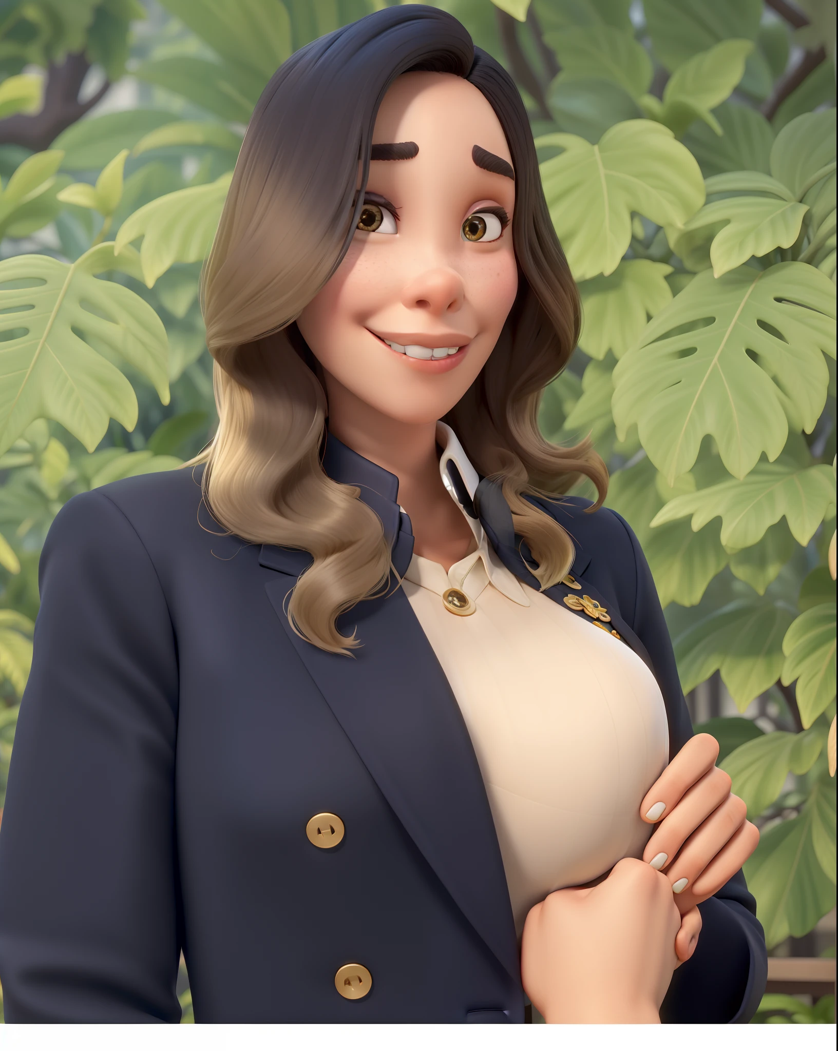 mulher blazer preto, camisa caramelo, cabelo ondulado blonde mechas, estilo disney pixar, melhor qualidade, alta qualidade