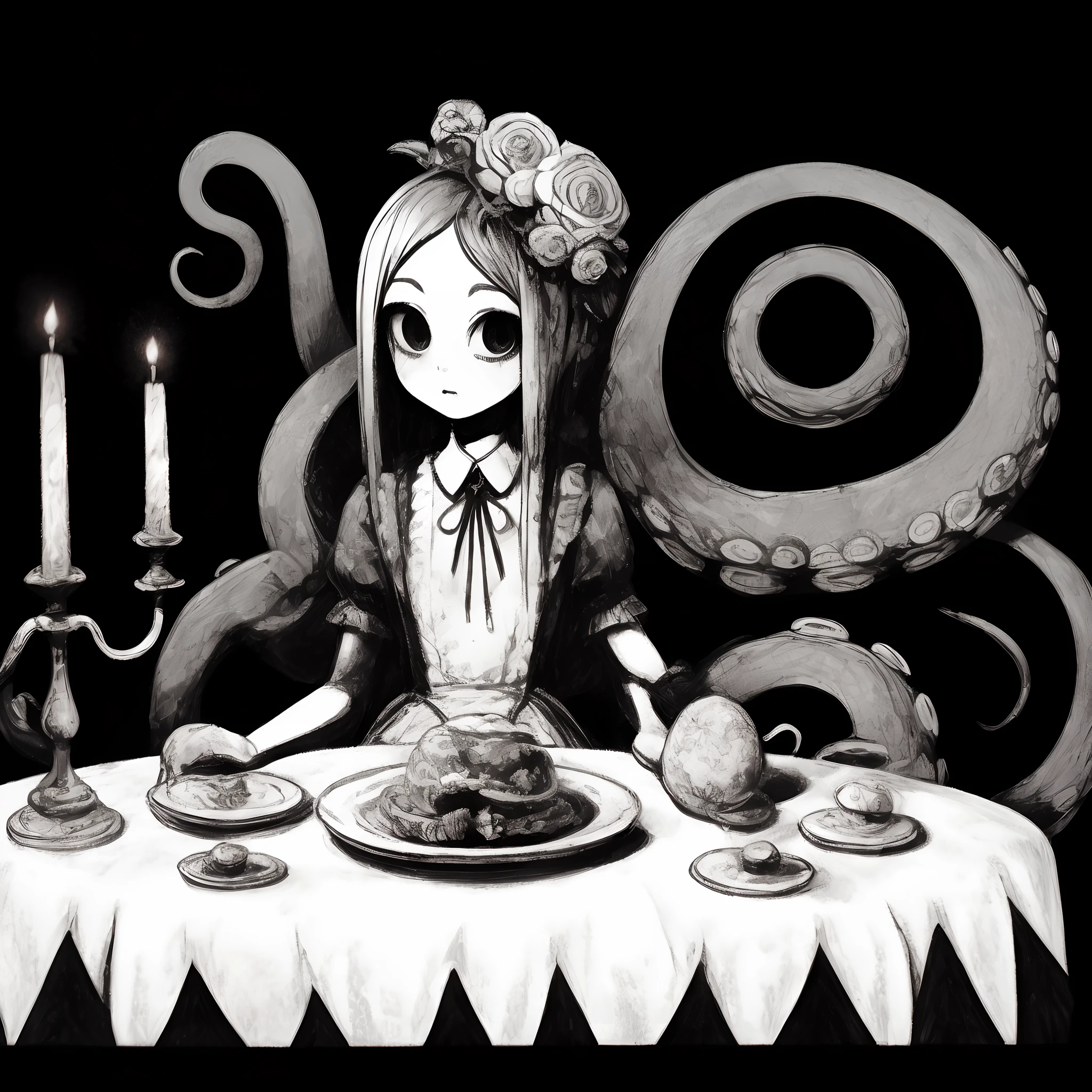 Tentacle Girl. dress with ruffles. tea party. Inside a dark mansion. candle. Rose flowers on a plate.