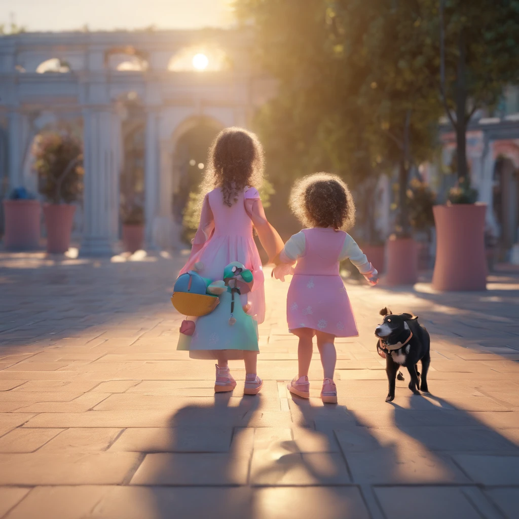 twin sisters, 4 anos, crespas, Playing in the square with her little black and white dog