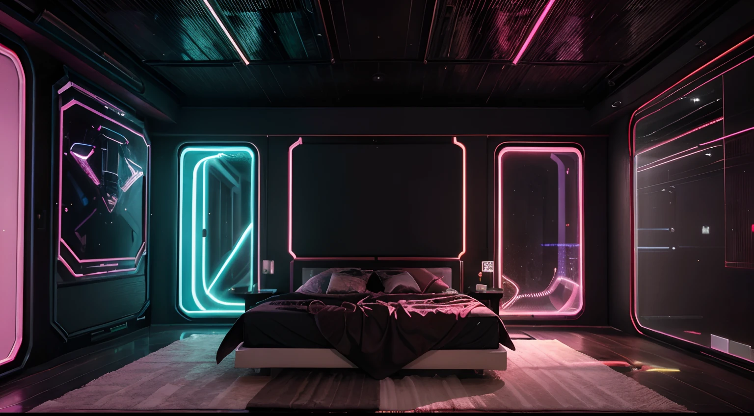 (quarto cyberpunk luxuoso, aesthetic) (melhor qualidade,4k,8k,Altas,master part:1.2),ultra-detalhado,(Realistic,fotorrealista,photo-realistic:1.37),HDR,UHD,studio lighting,pintura ultrafina,foco nítido,Physically-based rendering,extreme detail description,profissional,vivid colors,Bokeh, Tecnologia digital se fundindo com a natureza, A futuristic room full of floating holographic displays, Uma luxuosa cama de veludo adornada com estampas de horizonte neon da cidade, Glowing neon signs creating a vibrant atmosphere, An arched window revealing a dystopian cityscape, cascatas em cascata de dados fluindo em segundo plano, A mesmerizing blend of futuristic fashion and traditional aesthetics, An immersive virtual reality experience projected onto the walls, creating an ethereal ambiance