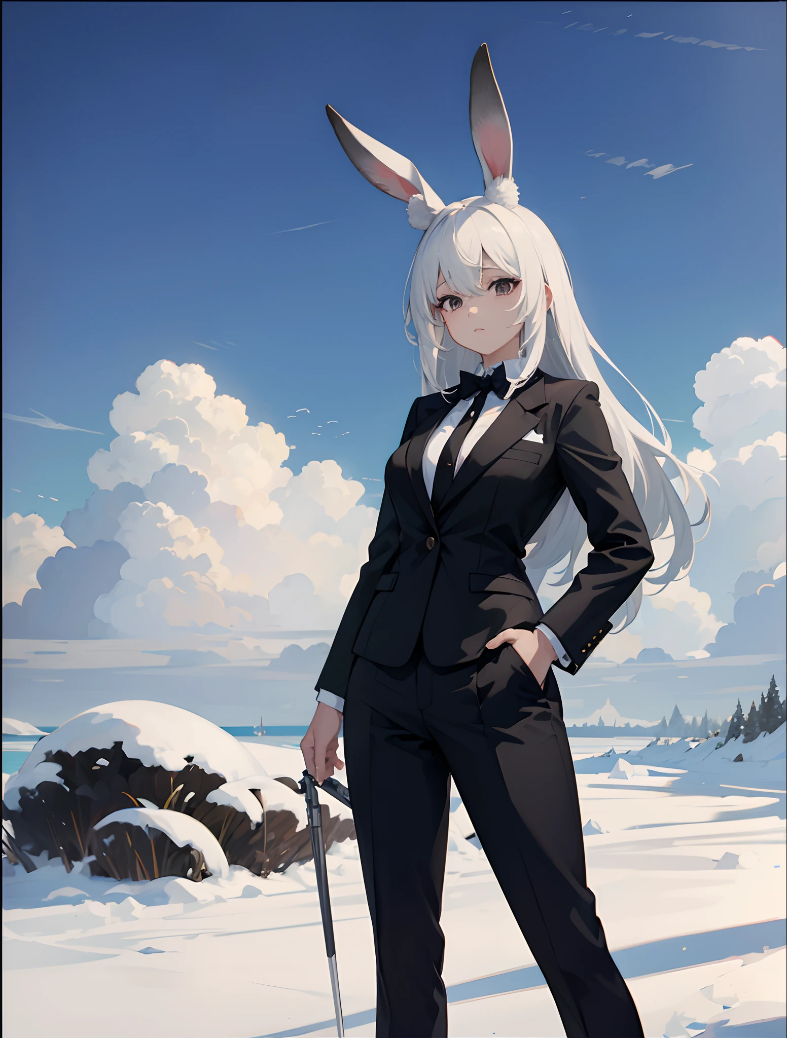 1woman, rabbit tail, rabbit ears, white hair, black eyes, black business suit, standing on ground, high res, ultra sharp, 8K, masterpiece