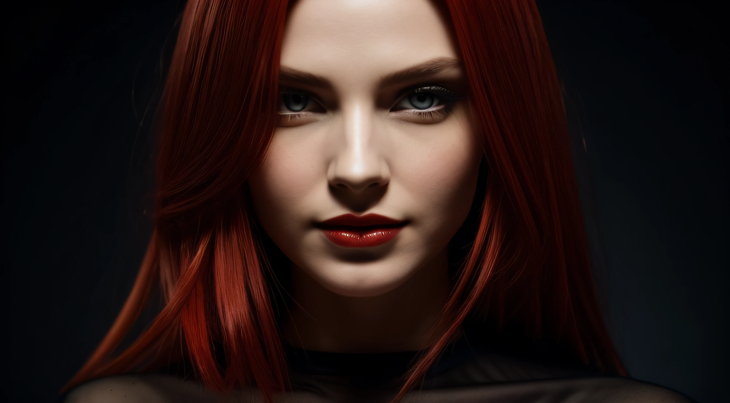 beautiful woman, red hair, black shirt, golden ratio, young, wet shirt, open shirt, eyeshadow, kneeling, woman, smiling, red lips, nostalgia, hand gesture, sexy, professional, office background, majestic oil painting by Mikhail Vrubel, Atey Ghailan, by Jeremy Mann, Greg Manchess, WLOP, Charlie Bowater, trending on ArtStation, trending on CGSociety, Intricate, High Detail, Sharp focus, dramatic, photorealistic, black background, epic volumetric lighting, fine details, illustration, (masterpiece, best quality, highres)
