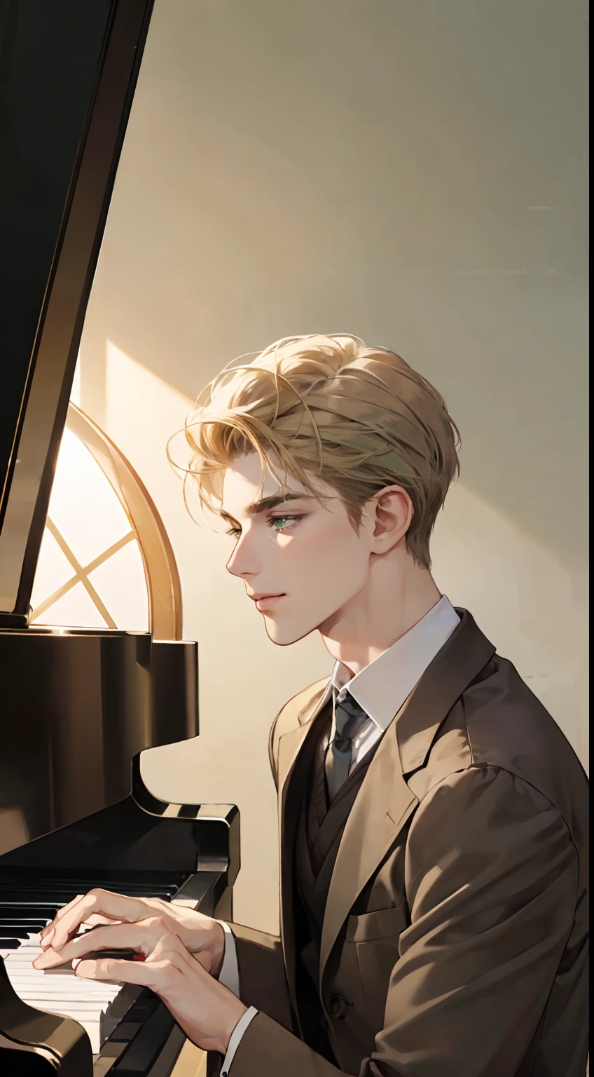 masterpiece, best quality, realistic, 1man, mature male, quiet and charming young man, 18 years old, close his eyes, smirk, closed mouth, extremely detailed face, a little distant, ((dark green eyes)), ((short-side-swept sandy blonde hair)), [thick eyebrows], ((brown suit)), playing piano, 4K
