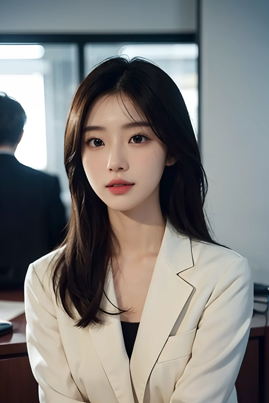 High-res, Realistic portrait of professional korean office lady with perfect skin，Professional suits，Women's suits，stand posture，The upper part of the body，Women in the workplace，Show confidence and maturity, Surrounded by a modern corporate environment, Vibrant and naturally lit highlights. The artwork should emphasize her elegant facial features, Including charming long eyes, Fluttering eyelashes and seductive lips. The scene should be enhanced with elements of professionalism and visual appeal，For example, Stylish work desk, Mainframe computers, High-resolution display, and complex stationery. The overall tone should be warm and professional, Has a soft and natural color palette. The artwork should exude a sense of professionalism, Success, and cultural pride，The background is blurred out