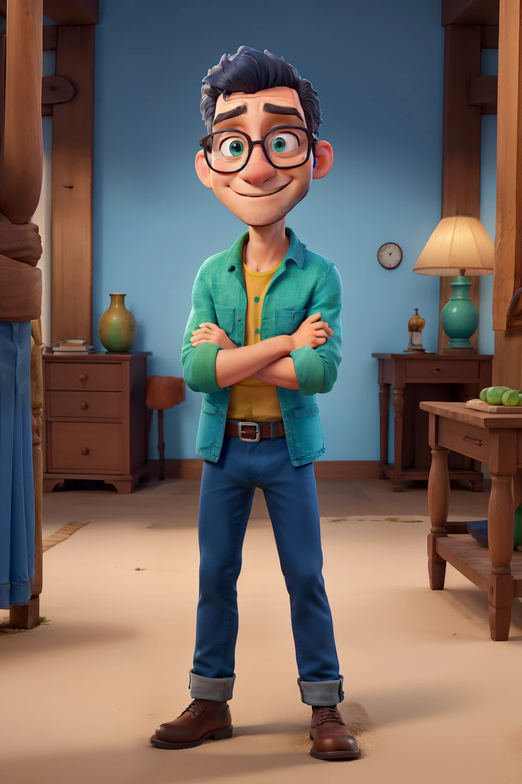 Obra-prima, de melhor qualidade, um cara de topete azul, roupa vermelha, azul, verde e branca, denim trousers, sorrindo, with a black prescription glasses, arms crossed.