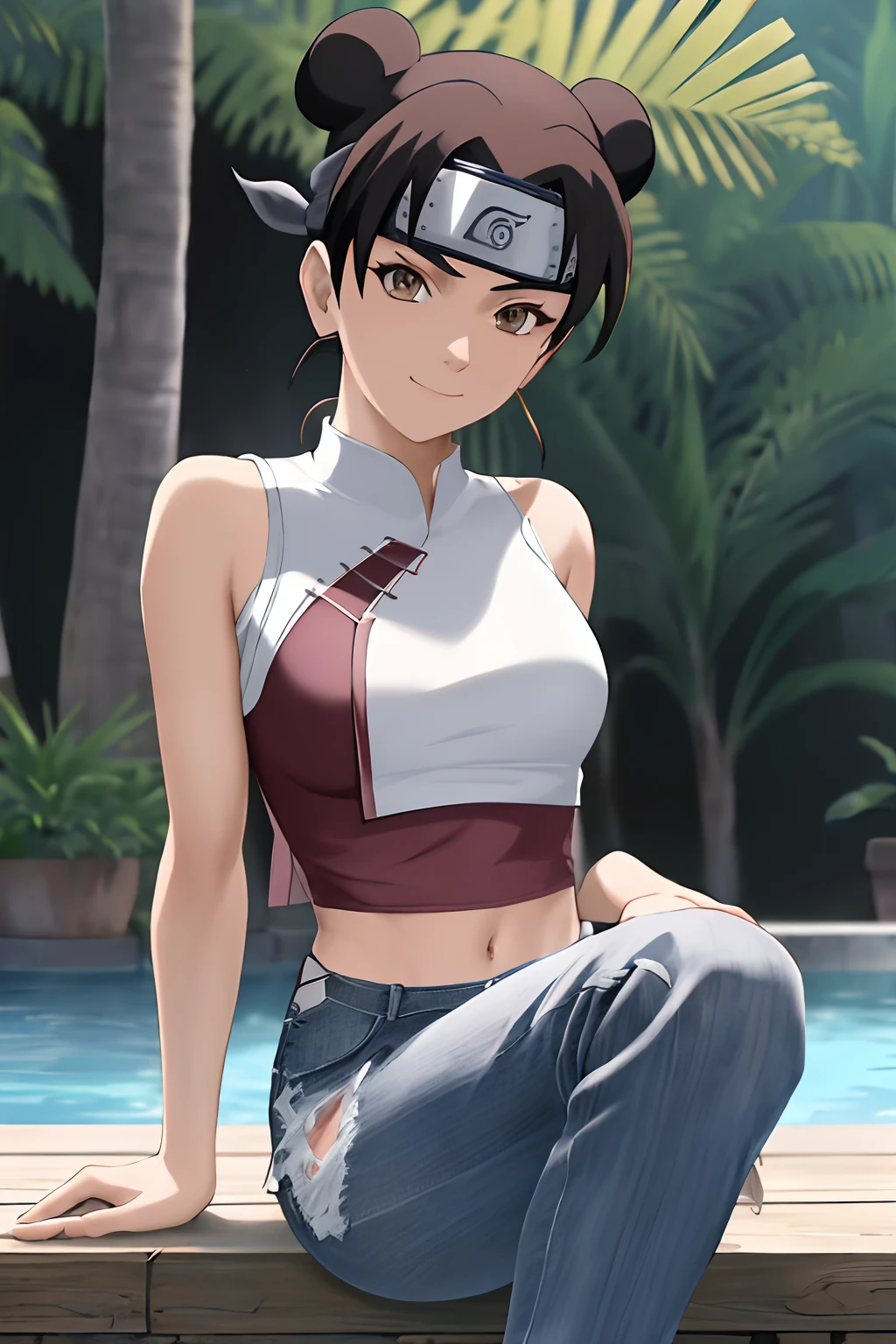 masterpiece, absurdres , (intricate details), (colorful),cinematic lighting,bust shot,extremely detailed CG unity 8k wallpaper,tenten\(shippuden\), 1girl, solo, , medium breasts, forehead protector, konohagakure symbol, headband, looking at viewer, poolside, white tank top, ripped jeans, midriff, standing, smile,