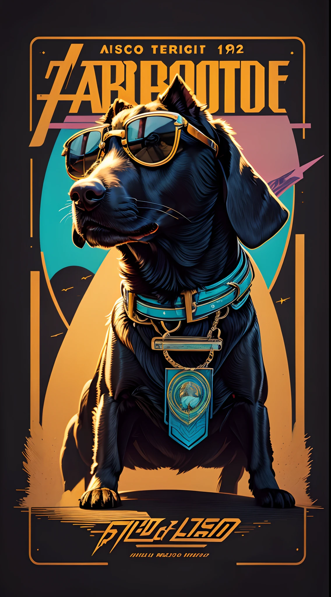 Un retrato retro-futurista de un labrador con un traje de heavy metal y gafas de sol, Alto detalle, Luz de fondo, Airbrush art from the 1980s, aislado, fondo limpio, 8k,