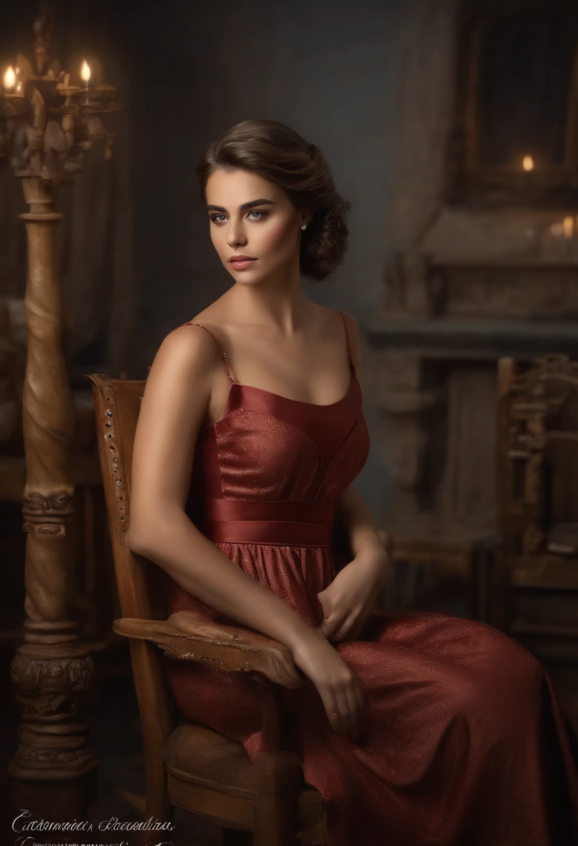1woman LaGermania posing in identical clothes as Judith in front of Judith Slaying Holofernes. LaGermania stands in a dramatic, richly decorated 17th-century Florentine atelier, with dark, wooden beams, high ceilings, and large, arched windows that cast a stark, dramatic light into the room. She wears a sumptuous, deep red velvet gown with intricate gold embroidery, a high neckline, and long, flowing sleeves. Her hair is styled in an elaborate, braided updo, adorned with gold hairpins and jewels. The background includes the Judith Slaying Holofernes painting, framed in an ornate, baroque-style frame. The atelier is filled with lavish furnishings, including a richly carved wooden table, a plush, brocade-upholstered chair, and a large, ornate mirror with a gilded frame. LaGermania’s pose is intense and focused, her gaze directed towards the painter, embodying the dramatic and powerful atmosphere of the Baroque period. 
