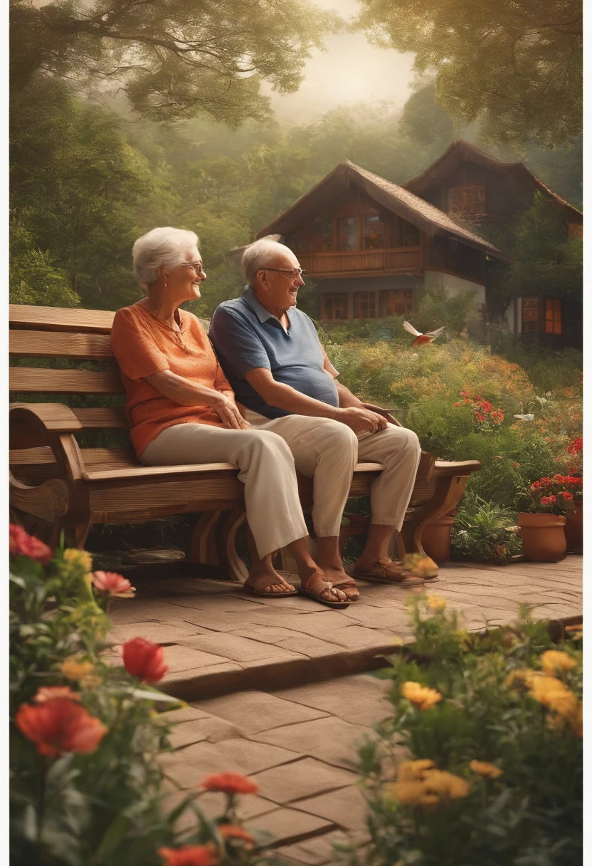Children's Books:2.0、Illustrations for picture books、（（（Elderly couple）:1.5、Comfortable clothes、Sandals）、One-story wooden house、balcony, two elderly people Sitting side by side on a very comfortable chair）、in the woods 、the two with glasses, Gramado Square, flowers, late afternoon, hummingbird, enjoying the moment