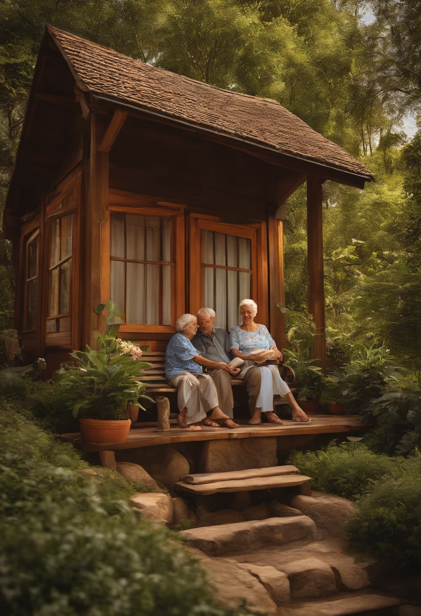 Children's Books:2.0、Illustrations for picture books、(((Elderly couple):1.5、Comfortable clothes、Sandals)、One-story wooden house、balcony, two elderly people Sitting side by side on a very comfortable chair)、in the woods 、the two with glasses, Gramado Square, flowers, late afternoon, hummingbird, enjoying the moment