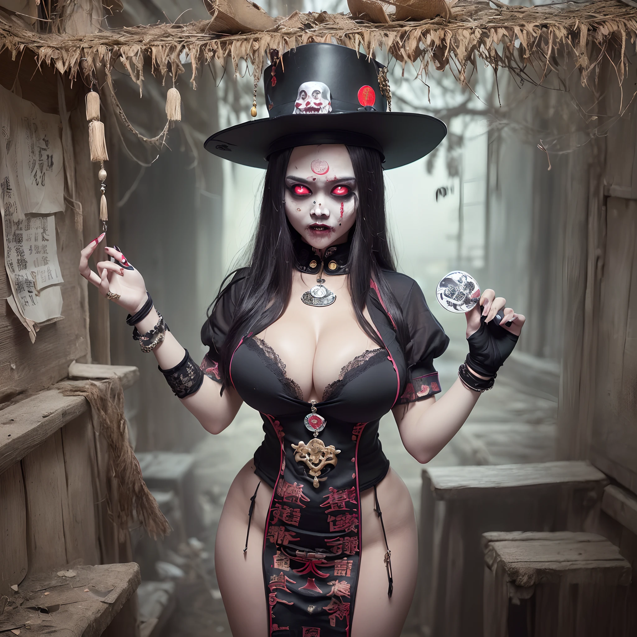 (masterpiece:1.2, Best Quality:1.2, 32K, High resolution), (Ultra-realistic portrait of Jiangshi, Chinese zombie, 1girl in, Chinese Zombie Hats:1.15, Jiangshi Dress, Jiangshi Costume, talisman sticker on hat:1.55, Amulet sticker on the hat:1.55), (gigantic cleavage breasts:1.3, huge tit:1.3, Huge boobs:1.3, Huge breasts:1.3, Red Eyes, fang), (Detailed face, Detailed skin texture), (standing straight, In an abandoned hut:1.5, In China), (horror atmosphere:1.2, Dark atmosphere:1.2)