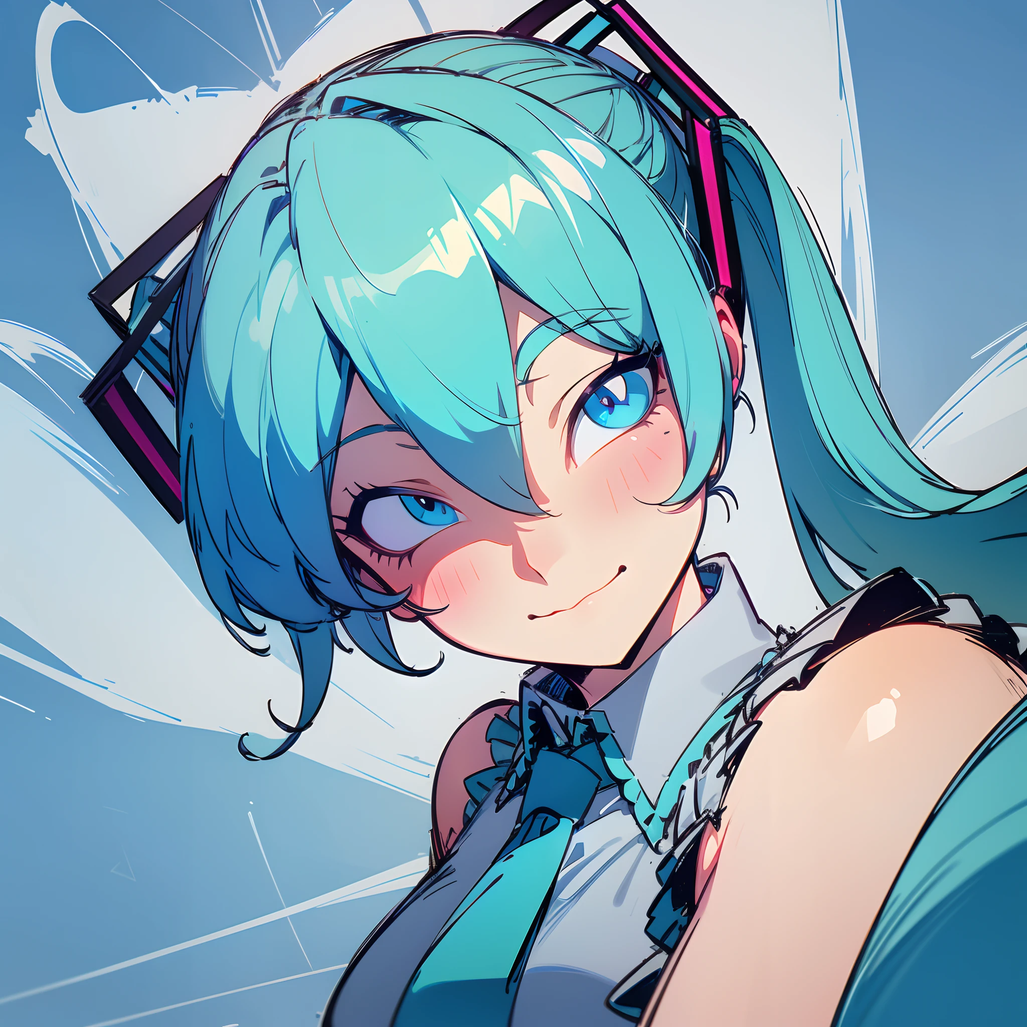 ultra detailed, masterpiece, best quality, solo, cowboy shot, facing viewer, soft smile, light smile, sketch style, 1girl,(Hatsune Miku:1.2),grey and blue dress, twin ponytails, beautiful, vibrant colours,light blue cyan hair,dark blue eyes, sparkling eyes