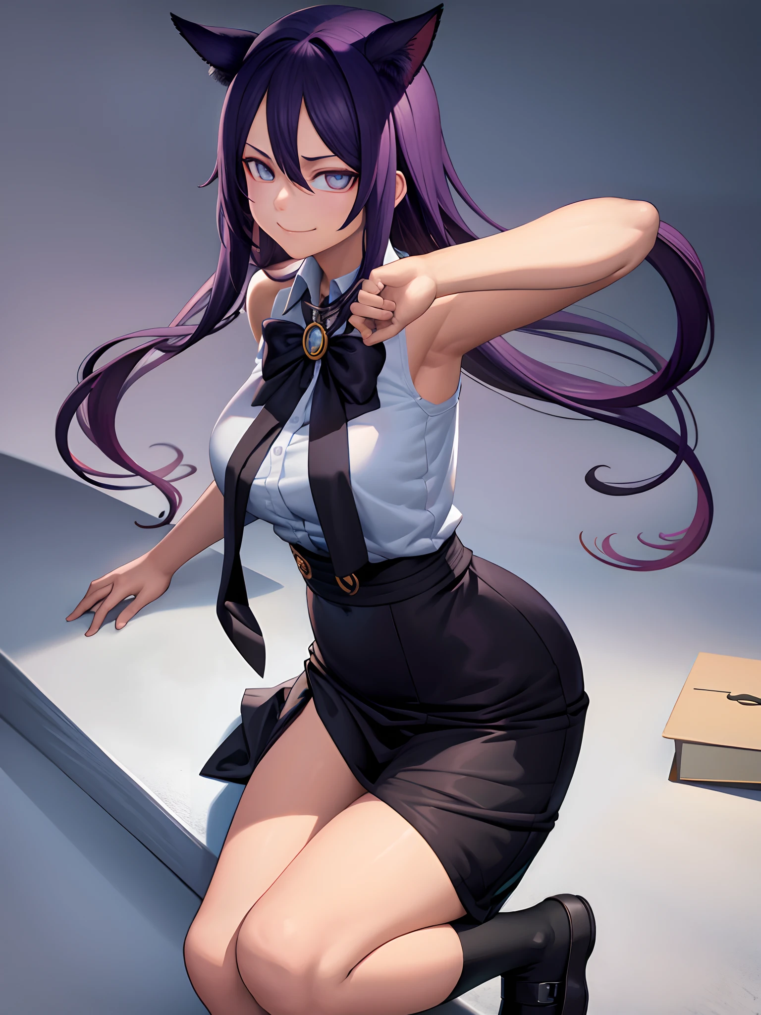 lasterk， The upper part of the body， （Behind the arm：1.3）， （tmasterpiece， best qualityer））， （1girll）， （独奏）， （female focus）， （ahoge， whaite hair， short detailed hair）， 黑The eye， Light smile， （（white  shirt）， （button- shirt））， （（a black skirt）， （short  skirt））， standing on your feet， white backgrounid， The arms are behind the back，cat ear