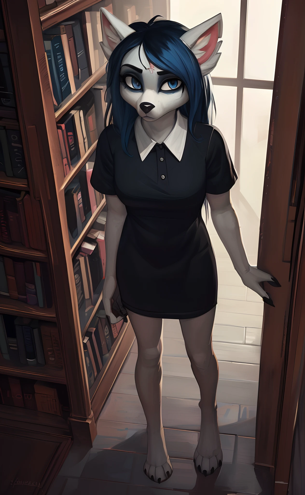 [Claire (the summoning)], [Uploaded to e621.net; (Pixelsketcher), (wamudraws)], ((masterpiece)), ((1girl)), ((solo portrait)), ((full body)), ((bird's-eye view)), ((furry; anthro)), ((detailed fur)), ((detailed shading)), ((beautiful render art)), {anthro; (slim figure), white fur, black nose, long blue hair, (bang over left eye), dark blue slit eyes, (black claws), (beautiful feet), (expressionless)}, {(short sleeve black white-collared shirt), (tight short bodycon dress)}, {(standing), (arm at side), (pigeon-toed), (looking at viewer)}, [background; (library), (bookshelf)]