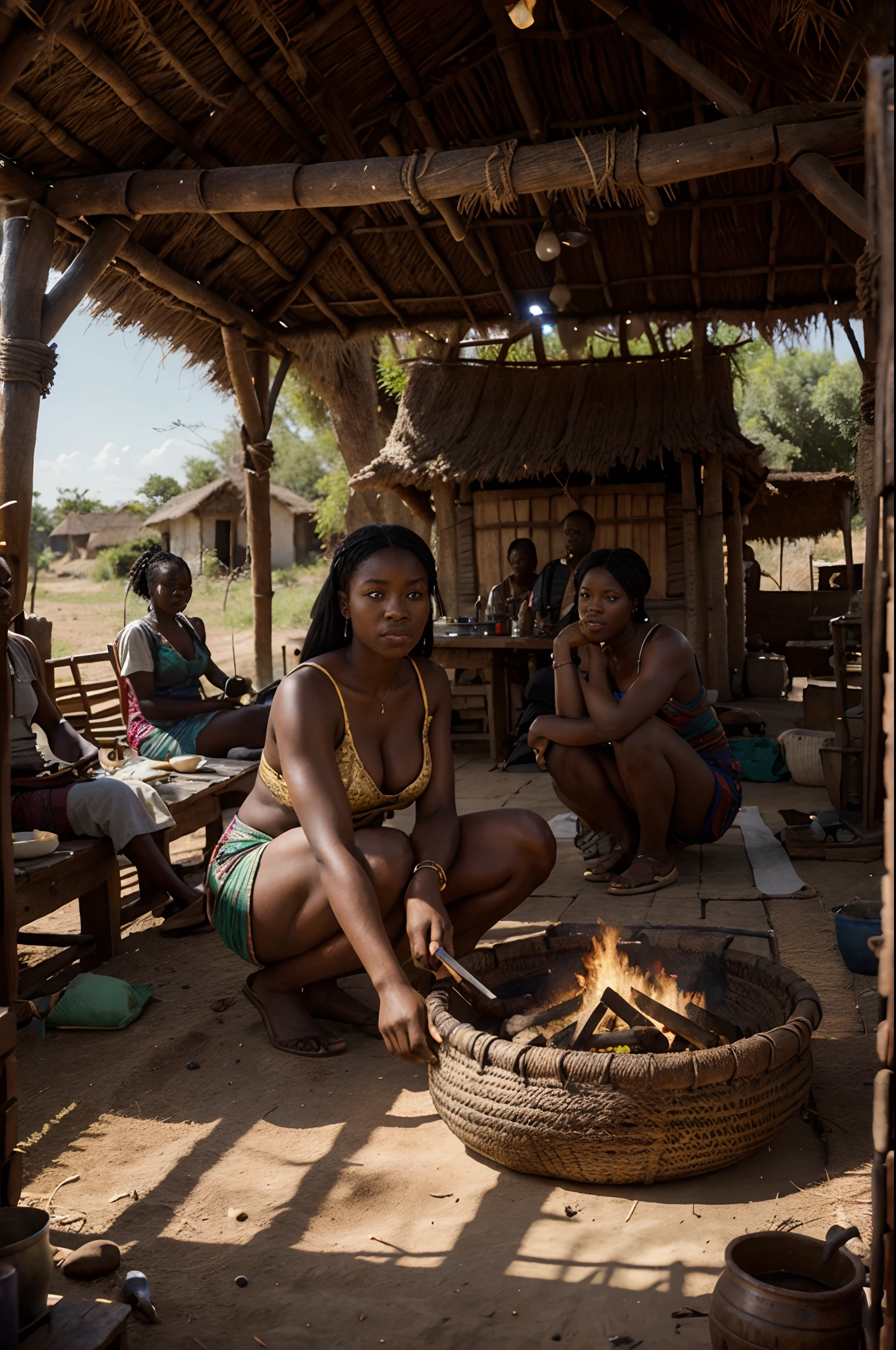wide angle shot of early 19th century African community dressed in African designed clothes all working together, eating, cooking, starting fire, many African people in a society with different African designed houses and huts, in the scene, bright sunlight shining, with iridescent light, highly detailed images, vibrant beautiful colours, hyperrealistic image, 32k, ultra HD, unreal engine rendered, cinematic lighting, art by Bella kotak