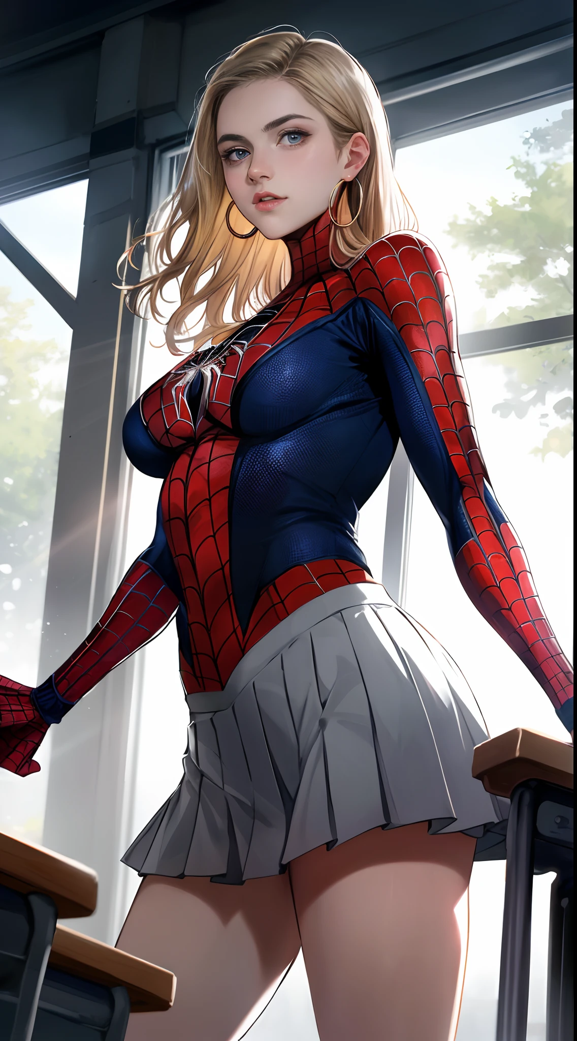 ((Peter Parker in spiderman uniform)), girl body, model body, big blue eyes, small breasts, long legs, medium hoop earrings, spiderman uniform, tiny pleated skirt, black 20 gauge tights, low angle shot, very white skin, long hair, wavy hair, blonde hair, school in the forest, classroom, photorealistic, indirect lighting, volumetric light, specular light, ray tracing, hyper-detailed, best quality, ultra-high resolution , HDR, 8k, soft focus, fog