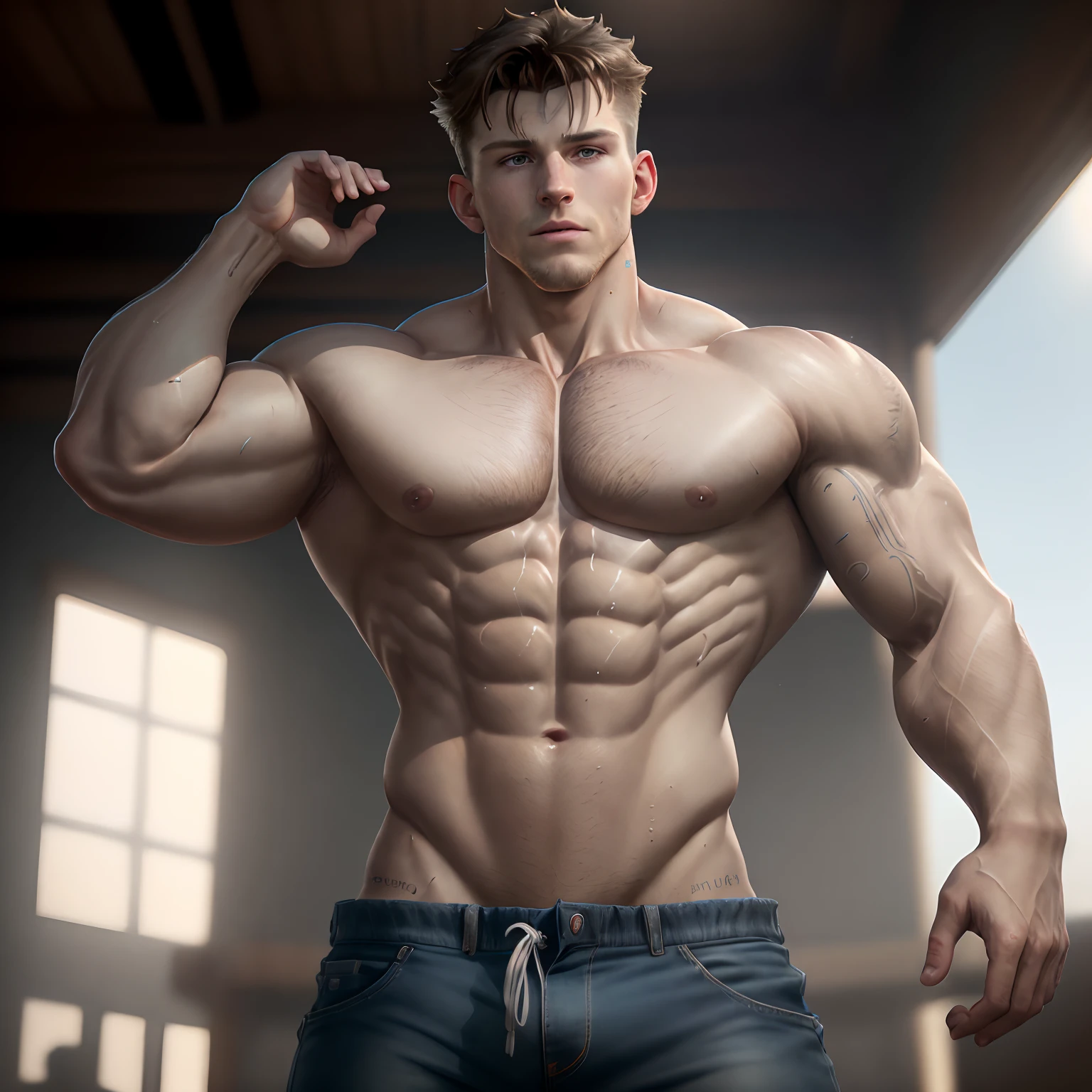 (best quality,4k,8k,highres,masterpiece:1.2),ultra-detailed,(realistic,photorealistic,photo-realistic:1.37),Tom Holland in only underwear,fit muscular physique,seductive pose,piercing blue eyes,sharp jawline,smoldering expression,stubble,fashionable hairstyle,confident stance,sunlight streaming on his body,well-defined abs,glistening skin,sweat dripping down his torso,highlighting every muscle,subtle shadows accentuating the curves,vivid colors,powerful and vibrant,studio lighting,artistic composition,perspective shot from below,whisper of wind tousling his hair,curve of his back leading to strong legs,exquisite attention to detail,creases and texture of the fabric,caressing his body,realistic skin texture,sculpted features,lifelike realism,subtle tattoos on his arm,sexy man,full body hyper realistic.