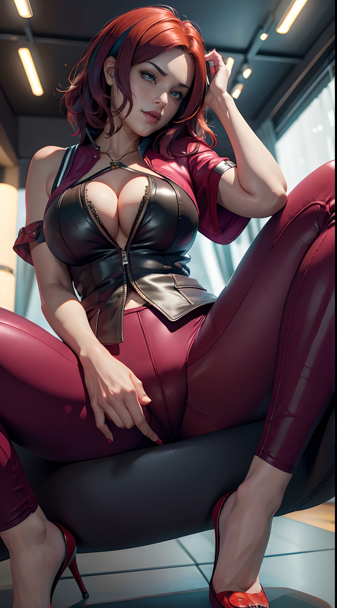 A naughty middle aged woman sitting, MILF, legs spreading, pants, with a relaxed and confident demeanor. Desperate woman in Attempt to seduce the viewer (best quality, ultra-detailed, realistic), (vibrant colors:1.1), (studio lighting), (bokeh). (Trending on artstation)