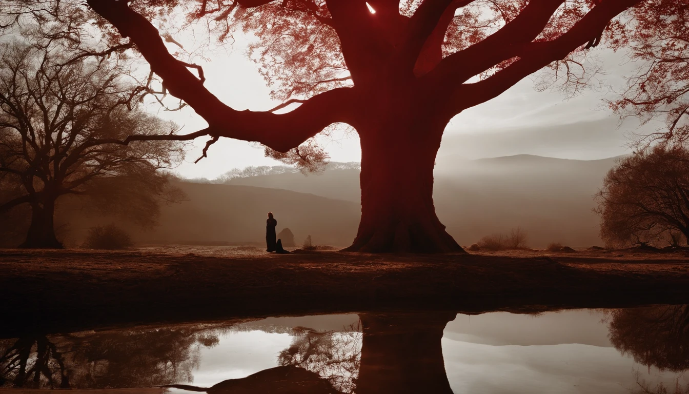 /imagine prompt:
Foto colorida de: "A blood-red sky, Silhouette of an imposing cosmic tree, figuras abstratas espalhadas por um terreno baldio, each with a unique style, todos com olhos carmesim brilhantes" 
Uma cena surreal e assombrosa, Where the sky bleeds crimson, casting an ominous glow over the desolate landscape. The silhouette of a colossal cosmic tree stretches towards the heavens, Its branches twisting and reaching like tendrils from another world. In the middle of the barren desert, Uma infinidade de figuras abstratas emerge, their shapes taking on various shapes and sizes. Alguns aparecem como criaturas retorcidas, seus corpos contorcidos e malformados, while others manifest as ethereal specters, Its translucent forms hover above the ground. They all share one striking feature - eyes that emanate a sinister crimson light, Breaking through the darkness. The atmosphere is dense with an otherworldly presence, a sense of foreboding that permeates the air. 
captured with a vintage camera, The photo exhibits a dreamlike quality. Tiro com um Leica M7, usando um filme de cor vibrante como o Kodak Ektar 100, The image is bathed in rich tones, Intensifying the liveliness of the blood-red sky. Uma lente grande angular, como um Leica Summilux-M 35mm f/1.4, was employed to encompass the vastness of the scene, allowing the towering cosmic tree to dominate the frame. Techniques such as long exposure were used to capture the ethereal movements of the multitude of abstract figures, blurring their shapes and adding a touch of surrealism to the composition. 
Unlikely collaborators who would uniquely juxtapose themselves in this scene include visionary director Guillermo del Toro;, renomado diretor de fotografia Roger Deakins, avant-garde photographer Cindy Sherman, O estilista Alexander McQueen, e o cineasta experimental David Lynch. Their distinctive artistic visions and unconventional approaches to storytelling would bring an even more modern dimension