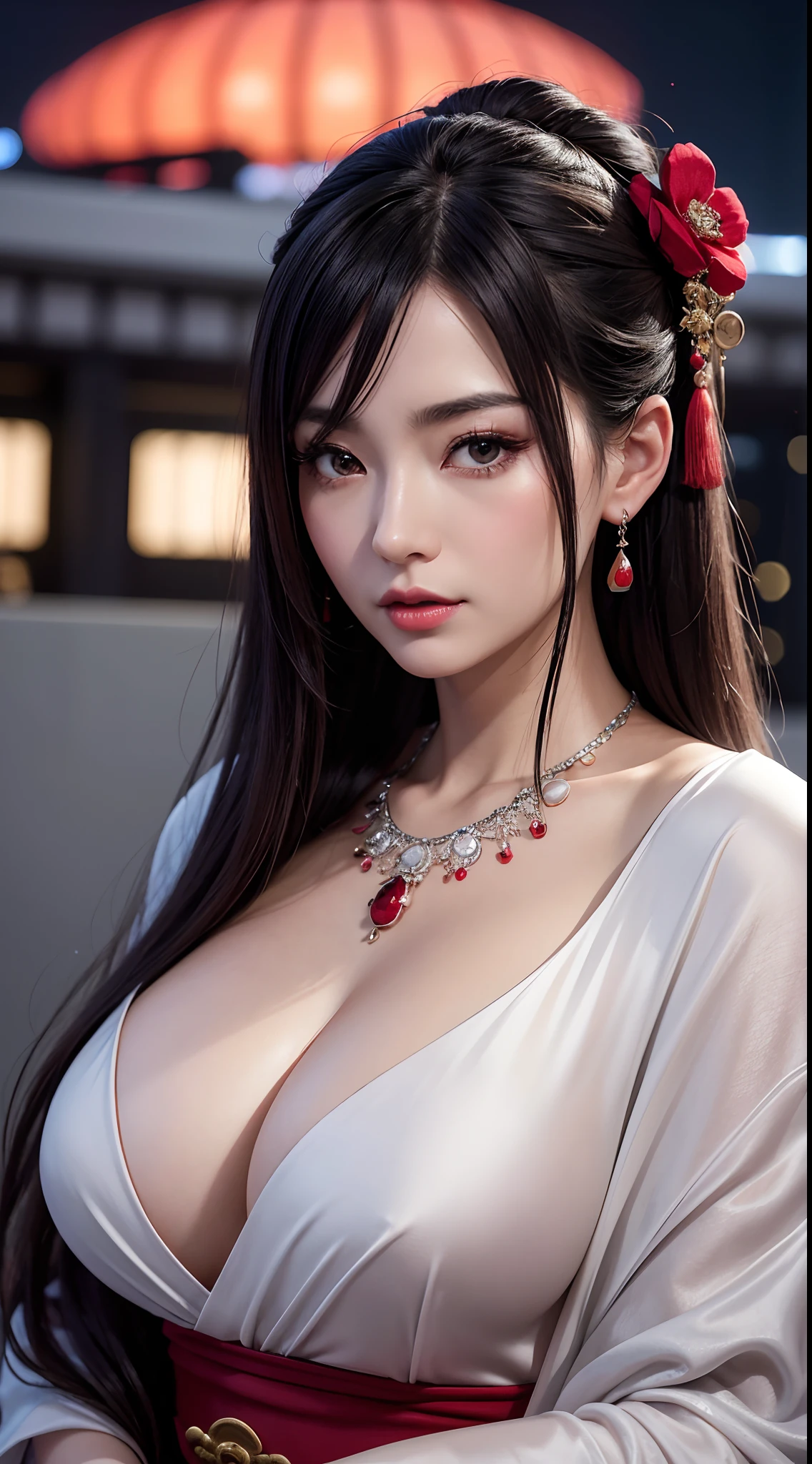 (hyper realstic)、Modern Oiran、(Female Ninja of the 21st Century)、Beautie high-level image quality hight resolution (Realistic) Shorthair、Woman with dark hair、A MILF、Middle-aged woman、Big big、Detailed red-black 、detailed skin textures、超A high resolution、Realistic、Voluptuous body shape、angry looking face、Middle-aged beauty、Beautiful expression、With detailed red-black areola 、detailed brown eyes、long fluffy hair、Kamimei、Very delicate and detailed skin texture、35 years old、{There is a helipad at night((Being on the roof of a skyscraper))}、Modern Oiran、Large cleavage、Large open neckline、bright red lips、Wearing gorgeous clothes, Luxurious and luxurious kimono、ear ornament、Silver collar and necklace、gorgeous hair decoration、