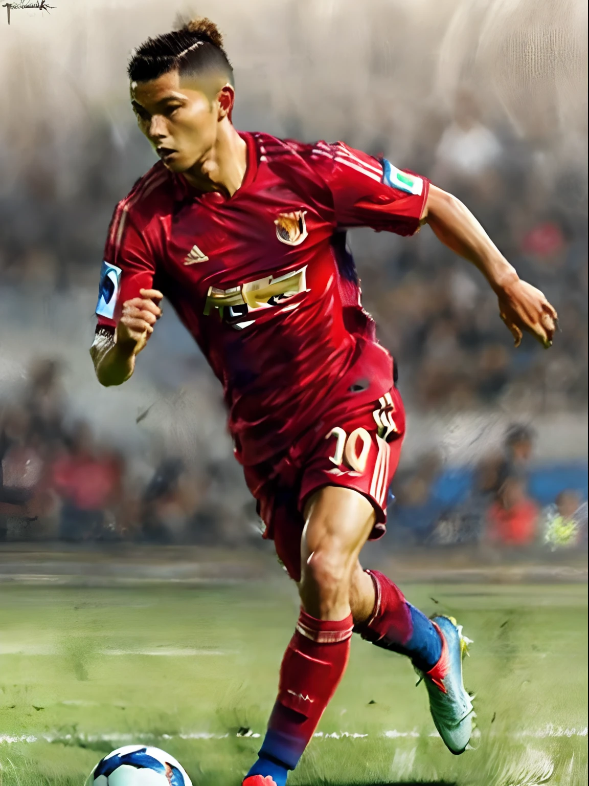 Homem Soccer Player face, style greg rutkowski realist, style anime, Japanese 17 years, Ronaldo Japanese phenomenon