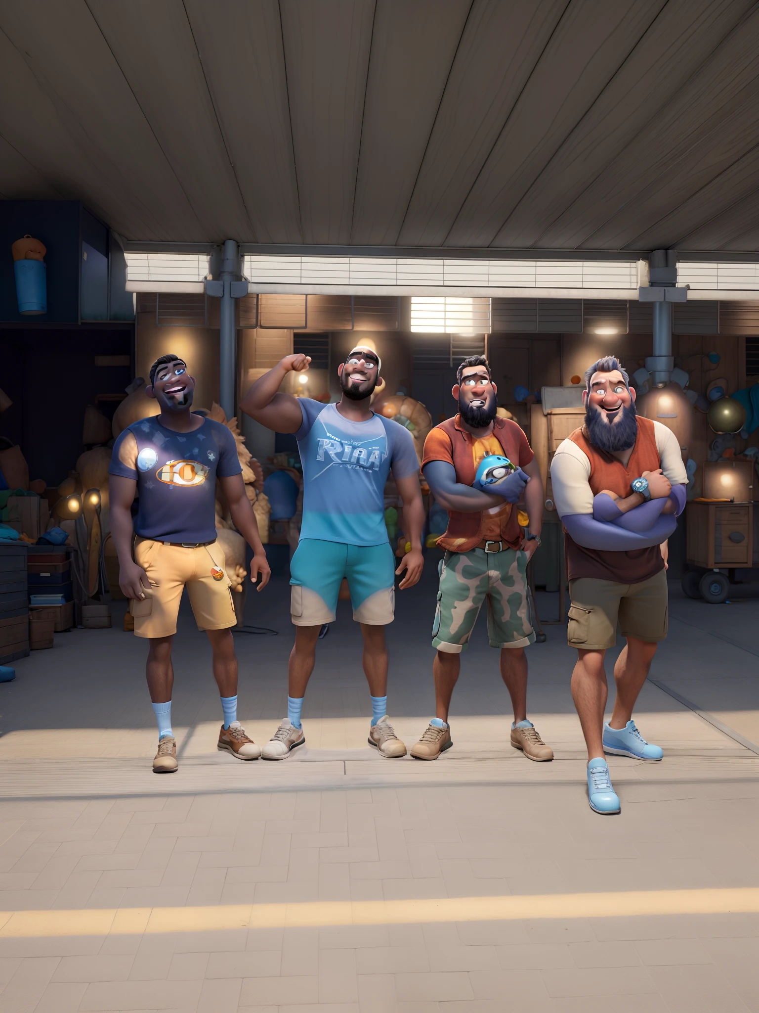Criar desenho tipo filme da pixar Disney baseado nessa imagem 4 homens, com logo team master 01
