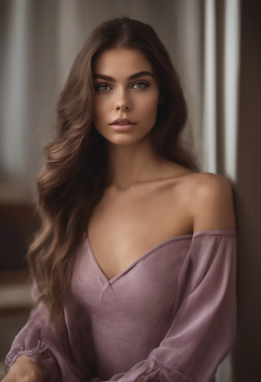 arafed woman fully , sexy girl with blue eyes, ultra realistic, meticulously detailed, portrait sophie mudd, brown hair and large eyes, selfie of a young woman, dubai eyes, violet myers, without makeup, natural makeup, looking directly at the camera, round face, subtle makeup, stunning full body shot kneeling on bed, in bedroom, medium to large size bust, in a bra