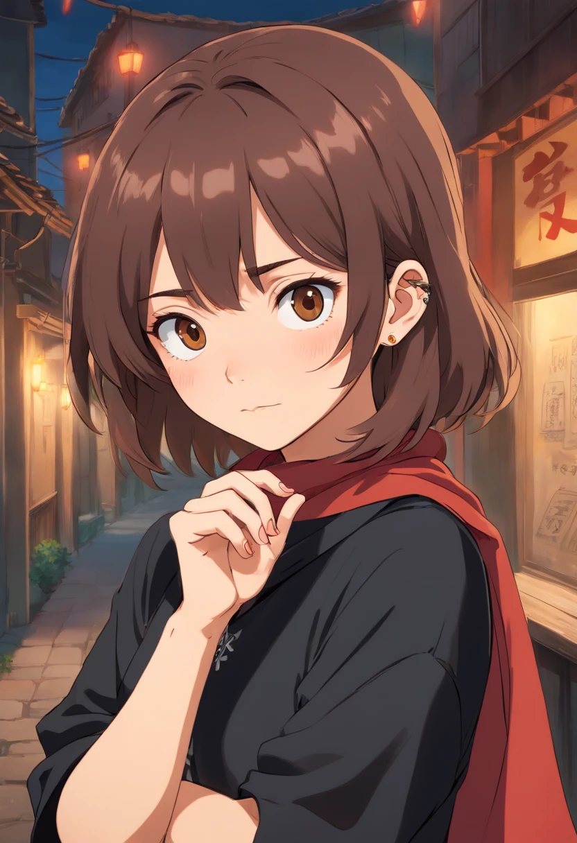 a girl wearing a black bandanna around eyes brown hair tattoos nails black clothes no labels