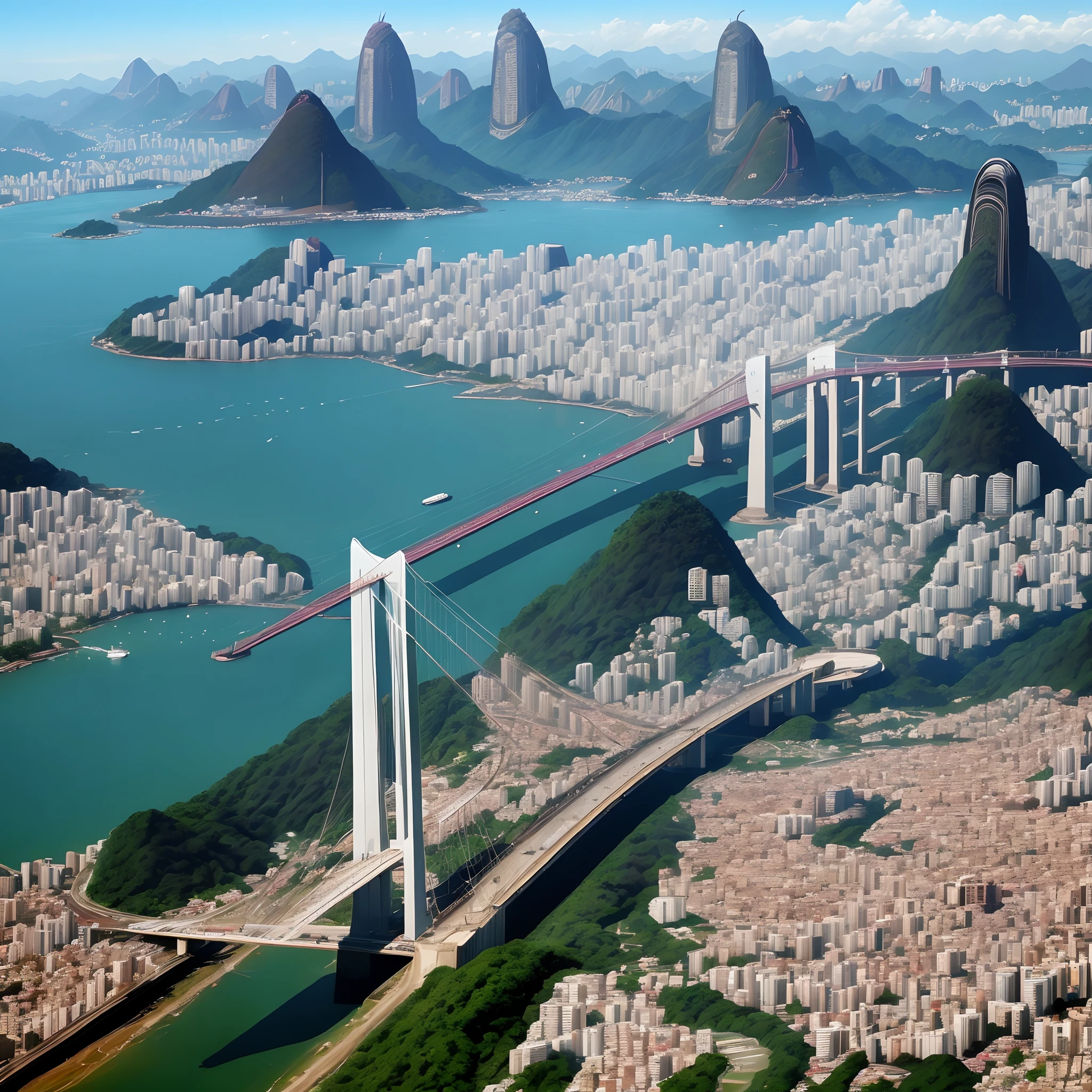 Imagem do rio de janeiro no futuro com naves passando pelo cristo redentor,  carros voadores e a ponte rio x niteroi a vista.