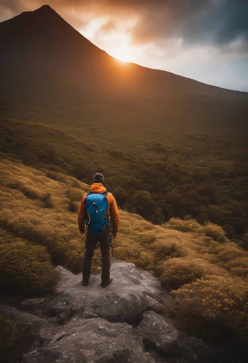 There's a man standing on a mountain with a backpack on his back, Montanhas no fundo, com montanhas ao fundo, Montanhas no fundo, em frente a uma montanha, usando equipamento de aventura, no topo da montanha, no topo da montanha, roupas de caminhada, Stay close to a volcano, Against the backdrop of a volcano, Vestindo equipamentos aventureiros,Arte de anime bonita e detalhada