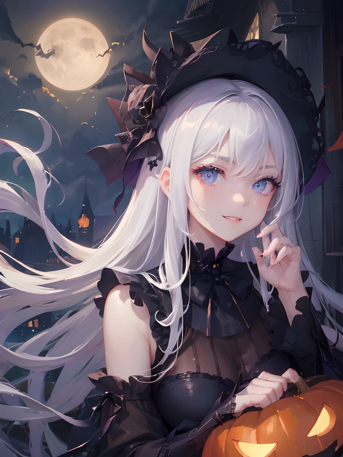 masutepiece, Highest Quality, (Perfect face:1.1), (high detailing:1.1), (ultradetailed eyes), Dramatic,  superfine illustration, Extremely detailed, 1girl in, (pale skin),(bule eye),long white hair, Ethereal eyes, (light eyebrow), Solo, Long hair, Pouty lips, Cinematic lighting, ((Lovely smile)) Black cat, Cat's ears, Halloween atmosphere,(Half-body image:1.5), Halloween Floating Lights, pondering, Halloween Jack Lantern, calm night, Beautiful atmosphere, Skylight at night, Peaceful evening atmosphere, Jack-o'-lantern, Halloween, the night, themoon, Halloween, Surrounded by clouds