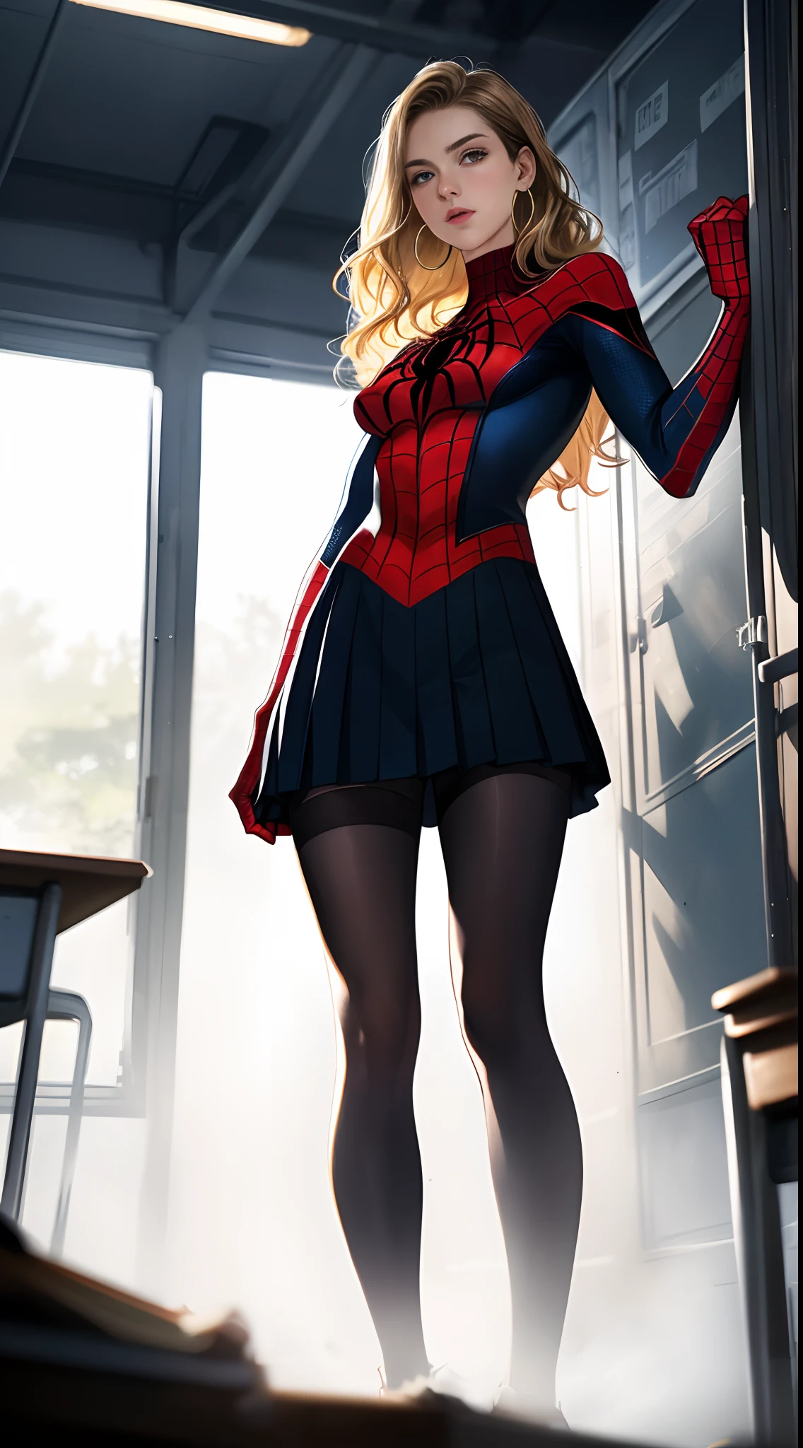 ((Peter Parker in spiderman uniform)), girl body, model body, big blue eyes, small breasts, long legs, medium hoop earrings, spiderman uniform, tiny pleated skirt, black 20 gauge tights, low angle shot, very white skin, long hair, wavy hair, blonde hair, school in the forest, classroom, photorealistic, indirect lighting, volumetric light, specular light, ray tracing, hyper-detailed, best quality, ultra-high resolution , HDR, 8k, soft focus, fog