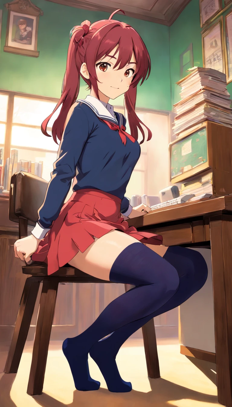 Chic ass, (grab the ass:1.6), Sitting at a desk in a chair, Look at us, Pink G-string, Detailed thick G-string, (Long socks), Twin-tailed, Black and Red High School Girl Uniform, crass room, Look at us, Soft smile, Skirt, Random hair color, smug face, Sitting,