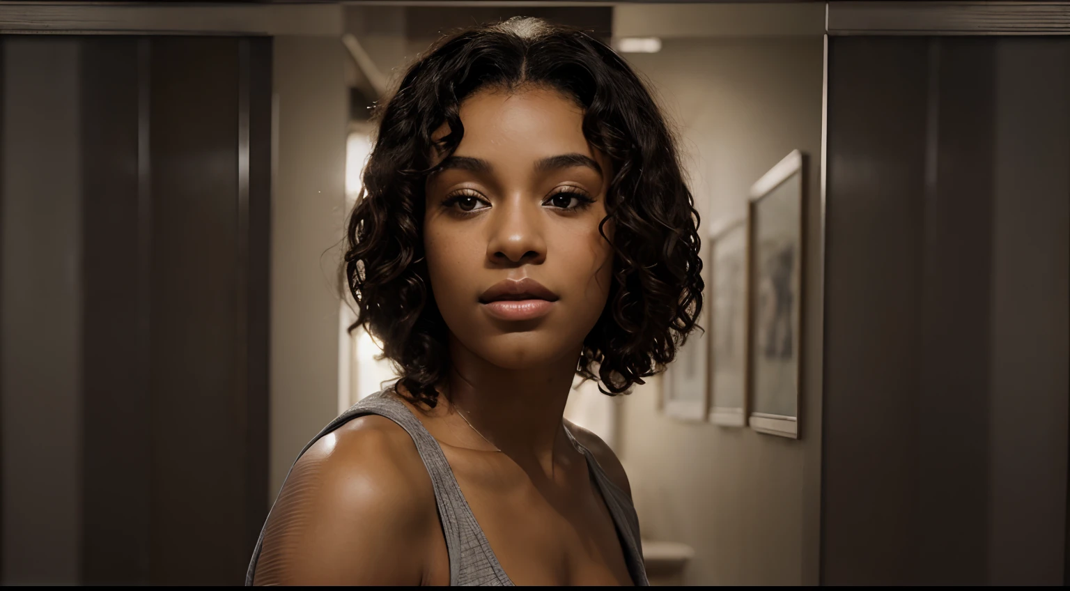 arafed woman with curly hair and a gray tank top, a digital rendering by Kurt Roesch, shutterstock, renaissance, gorgeous woman, with textured hair and skin, gorgeous beautiful woman, african american woman, photo of a black woman, black curly hair, young black woman, photo of a beautiful woman, her face framed with curls, naked