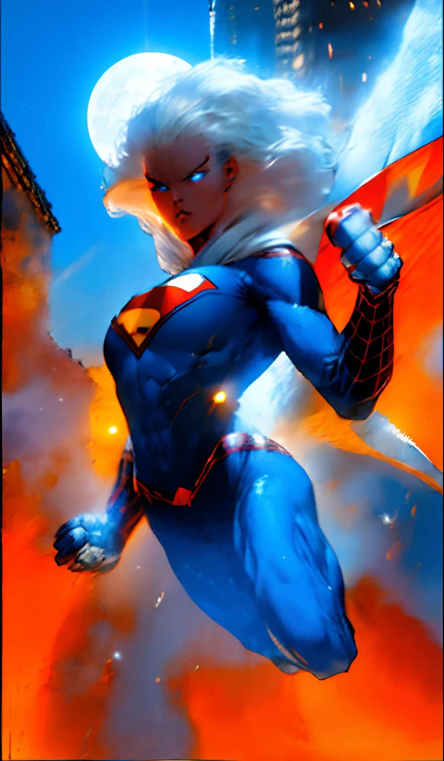 (Masterpiece, 4k resolution, ultra-realistic, very detailed), (White superhero theme, charismatic, there's a girl on top of town, wearing Spider-Man costume, she's a superhero), [ ((25 years), (long white hair:1.2), full body, (blue eyes:1.2), ((Spider-Man pose),show of strength, jumping from one building to another), ((sandy urban environment):0.8)| (cityscape, at night, dynamic lights), (full moon))] # Explanation: The Prompt mainly describes a 4K painting of ultra-high definition, very realistic, very detailed. It shows a superheroine at the top of the city, wearing a Spider-Man costume. The theme in the painting is a white superhero theme, the female protagonist has long white hair, is 25 years old and her entire body is shown in the painting. In terms of portraying the actions of superheroines, spiders are employed