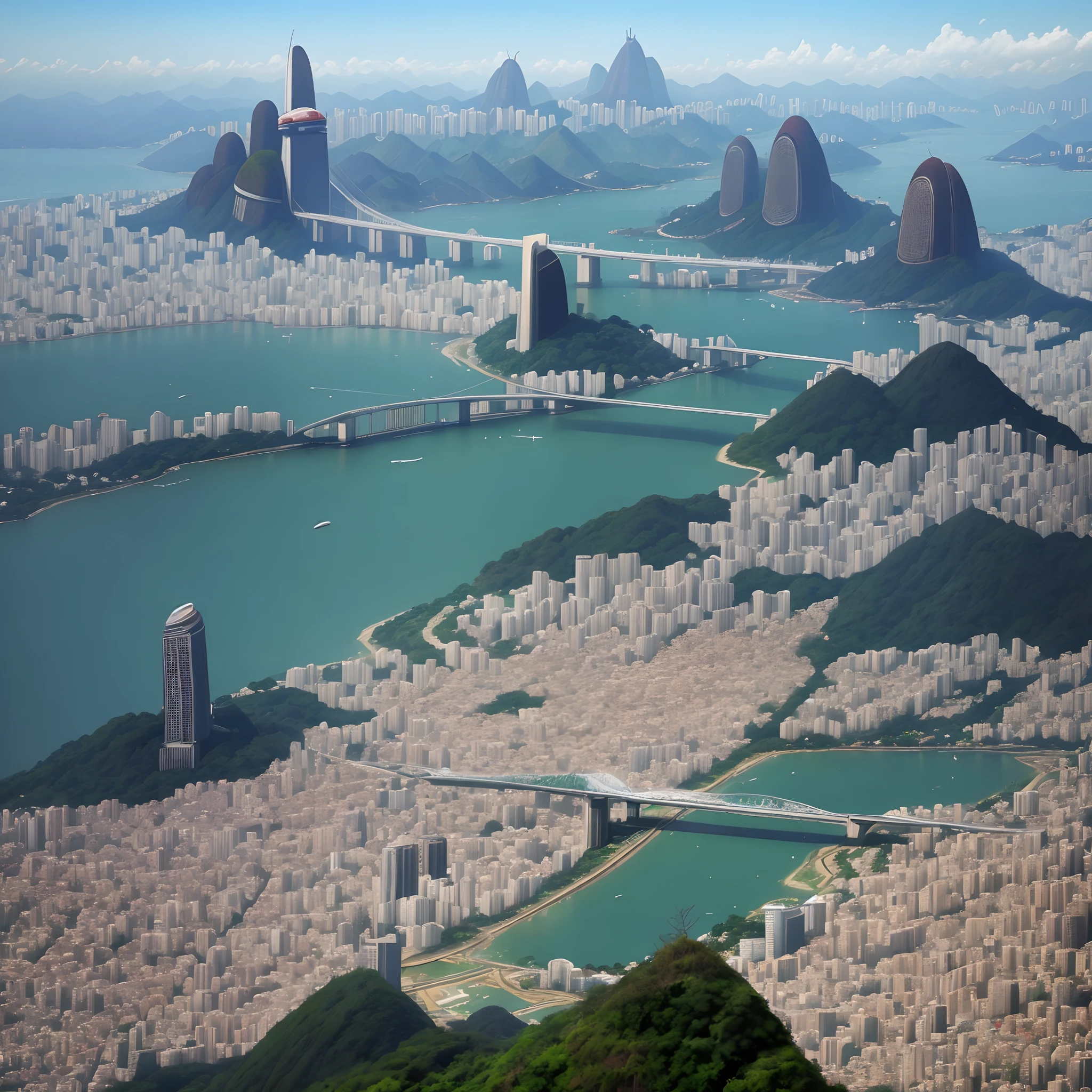 Imagem do rio de janeiro no futuro com naves passando pelo cristo redentor,  carros voadores e a ponte rio x niteroi a vista.