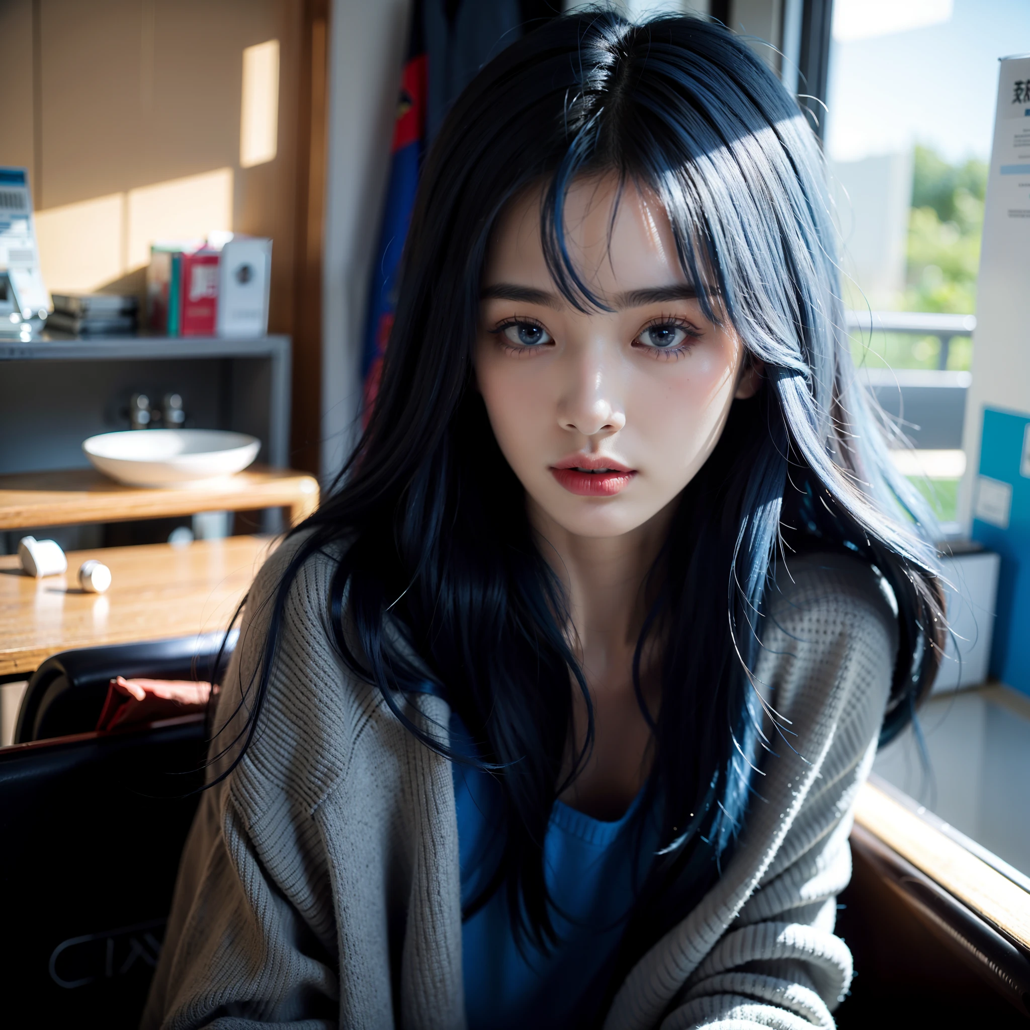 1girl,sweater,((blue hair)),nice shade,ultra realistic,4k,sharp nose