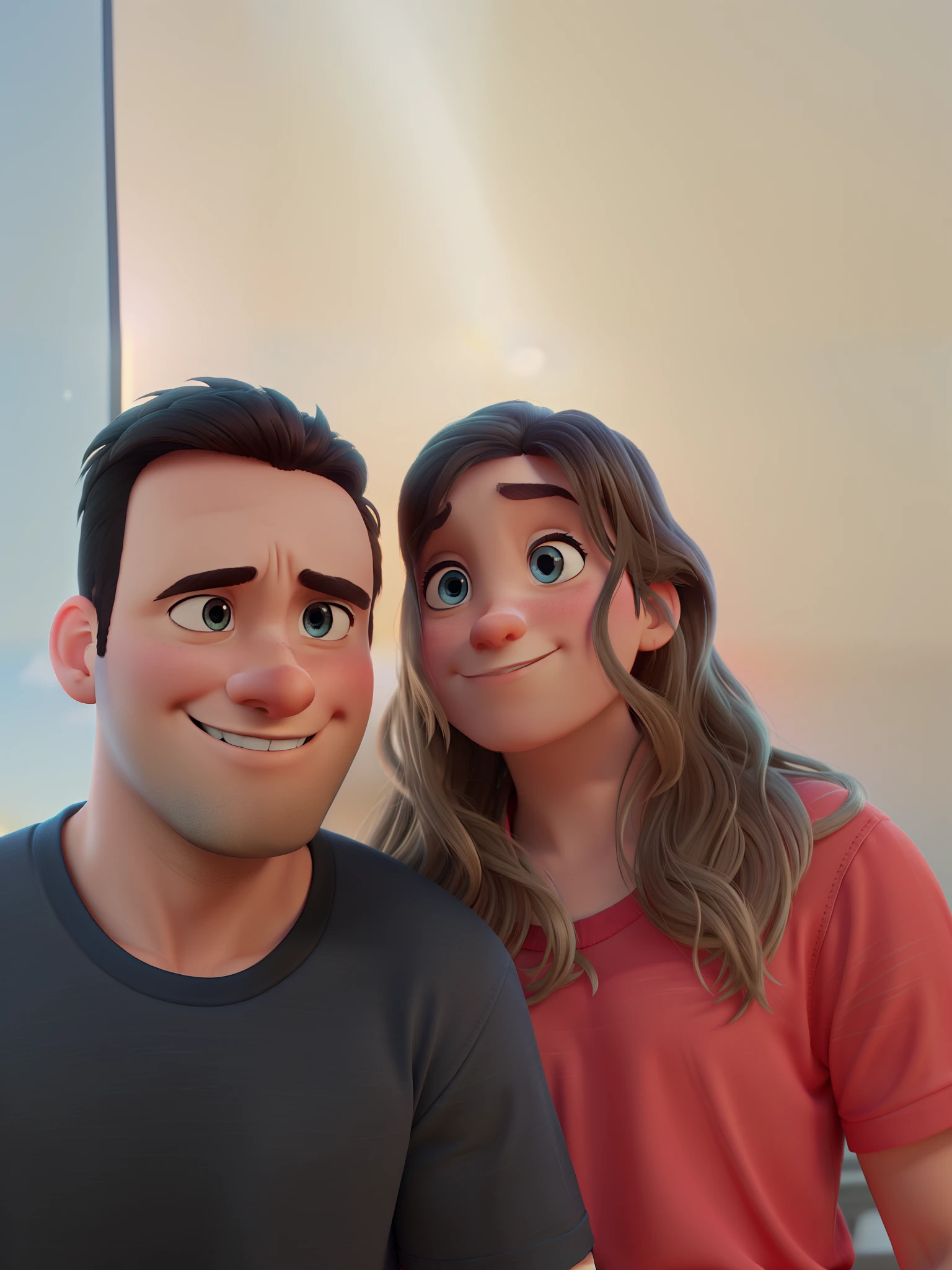 Um casal sentdos juntos, estilo disney pixar, alta qualidade, melhor qualidade.