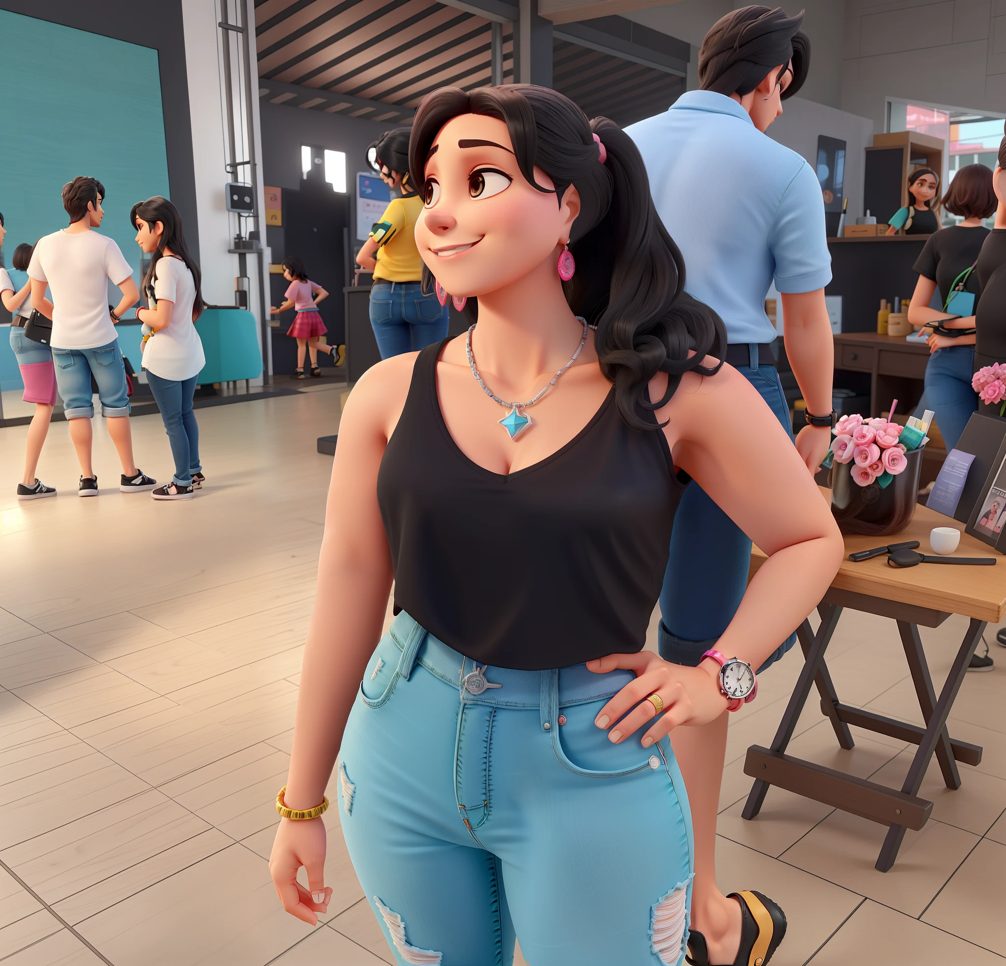 Mulher com cabelo cacheado, preso alto, He's wearing a black strappy t-shirt and jeans, Is standing still with a pose for a photo, Pink watch on the arm, necklace on the neck, mulher sorrindo, olhando de lado.