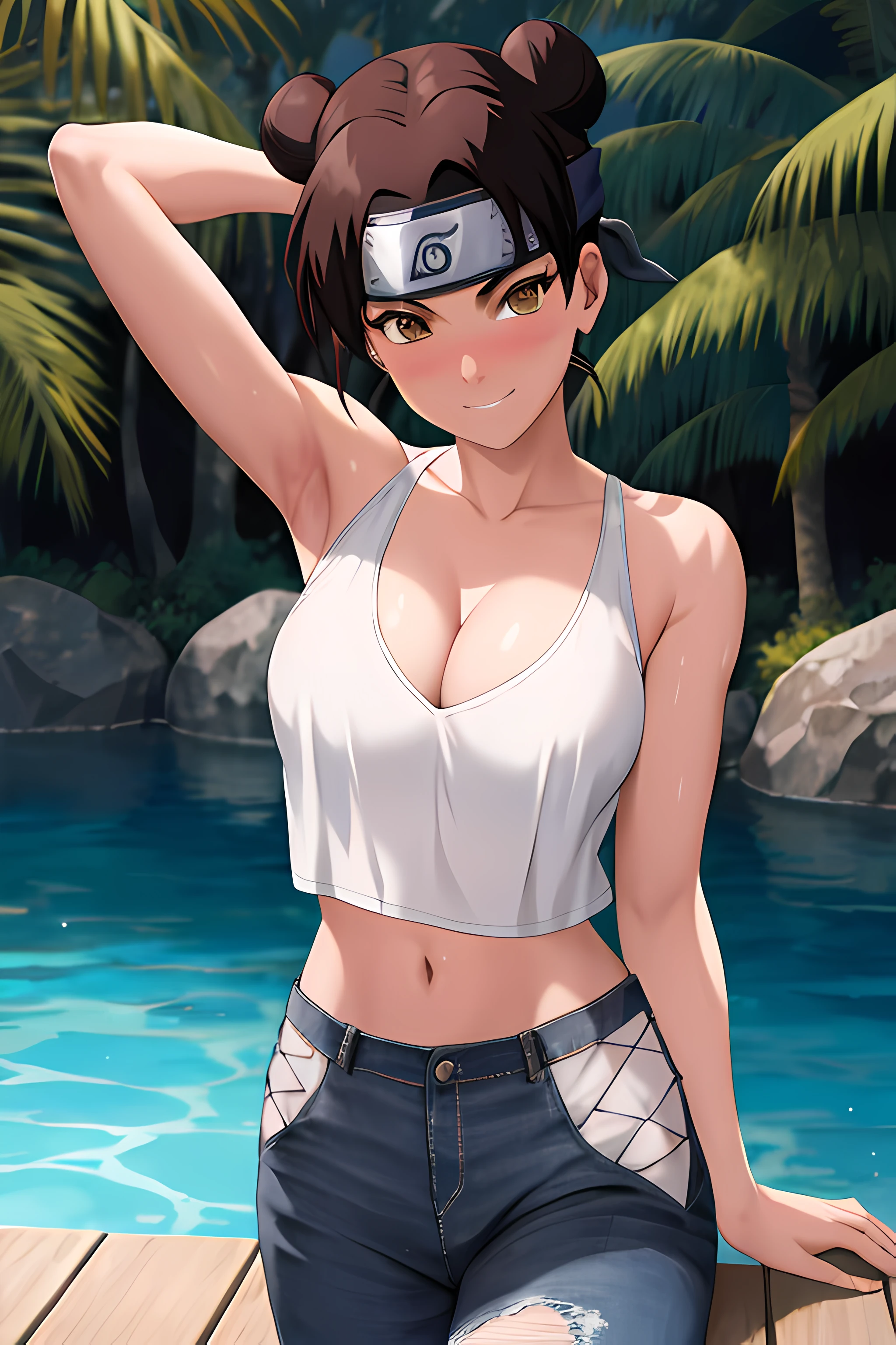 masterpiece, absurdres , (intricate details), (colorful),cinematic lighting,bust shot,extremely detailed CG unity 8k wallpaper,tenten\(shippuden\), 1girl, solo, large breasts, forehead protector, konohagakure symbol, headband, looking at viewer, poolside, white tank top, ripped jeans, midriff, standing, smile, (blushing), cleavage,