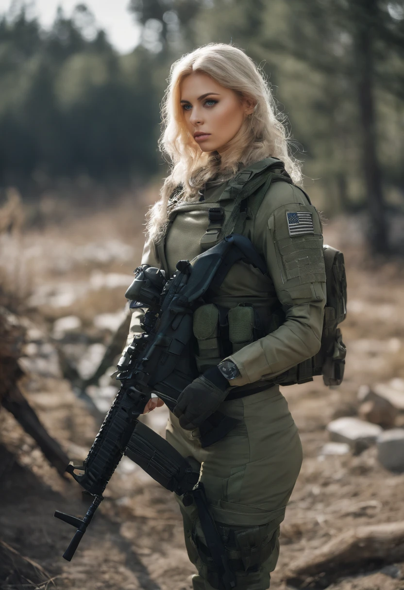 A young woman with blonde hair and green eyes, dressed in military attire, posing for a photo session while holding a rifle outdoors, reminiscent of Call of Duty and Escape from Tarkov's Private Military Company (PMC), with the Israeli flag in the background. On her right arm, there is volumetric lighting, soft glow, depth of field, highly detailed photography, low contrast, pastel colors, like Kodak Portra 400, in 8k resolution.
