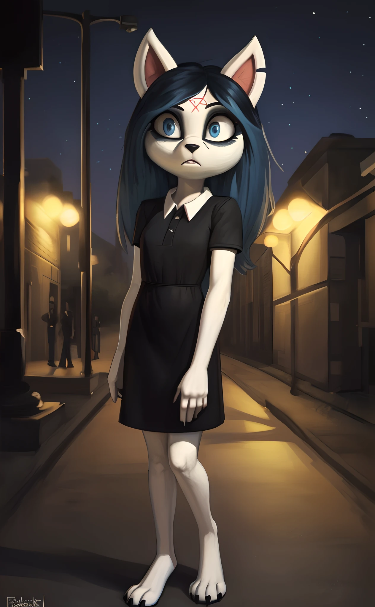[Claire (the summoning)], [Uploaded to e621.net; (Pixelsketcher), (wamudraws)], ((masterpiece)), ((1girl)), ((solo portrait)), ((full body)), ((front view)), ((furry; anthro)), ((detailed fur)), ((detailed shading)), ((beautiful render art)), {anthro; (slim figure), white fur, black nose, long blue hair, (bang over left eye), (dark-blue cat eyes), (black claws), (beautiful feet), (expressionless)}, {(short sleeve black white-collared shirt), (tight short bodycon dress)}, {(standing), (arm at side), (looking at viewer)}, [background; (park), (street lights), (nighttime), (ambient lighting)]