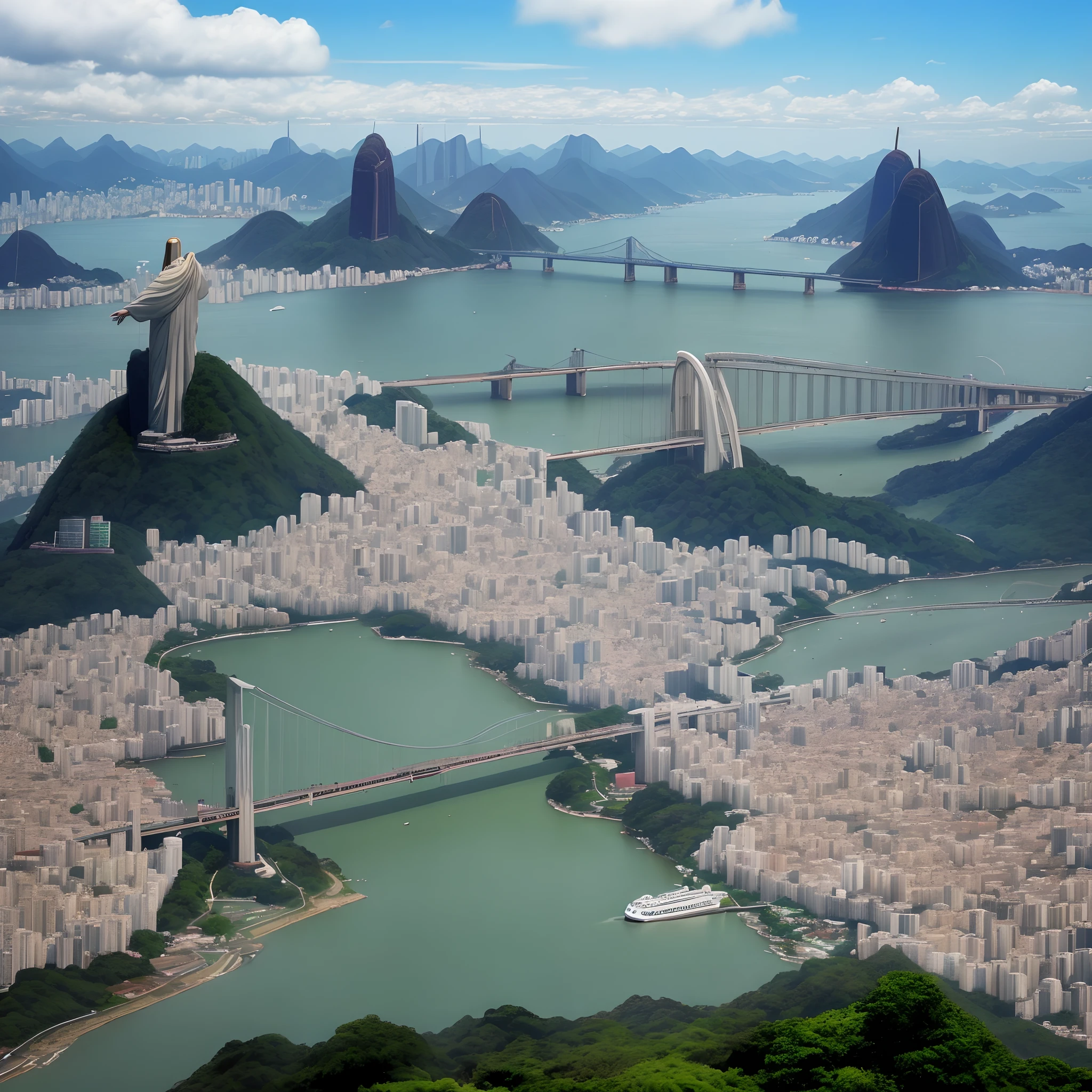 Imagem do rio de janeiro no futuro com naves passando pelo cristo redentor,  carros voadores e a ponte rio x niteroi a vista.