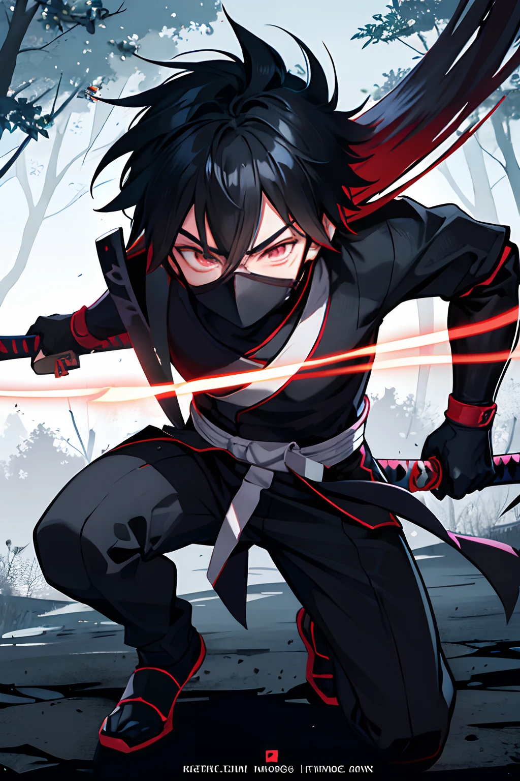 , ninja boy, katana, design mask, revealing mask, handsome, black hair, power to control many katana, in a forest, slice with katana, anime characters, male anime, hero academia, full body