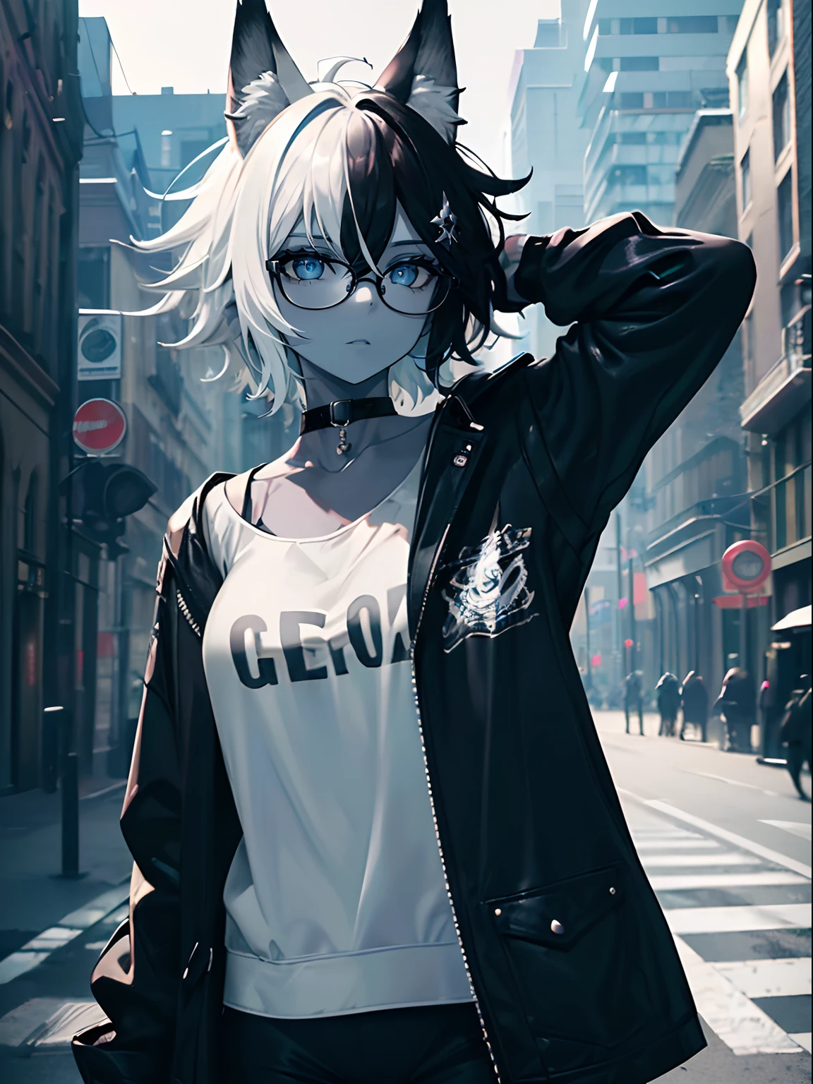 (masterpiece,best quality,ultra-detailed),1girl,black hair,short hair,messy hair,wolf ears,black and white hair,glasses,(((coloured skin,pale blue skin))),black jacket,rock punk fashion, choker,((grey theme)),((pastel colours theme)),in the street