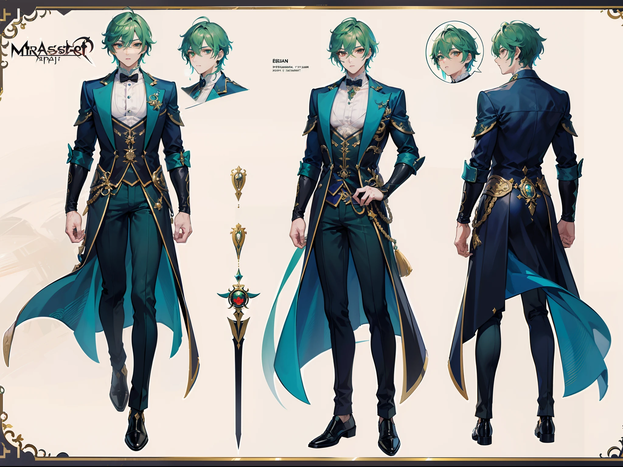 ((Masterpiece, Highest quality)), Male, boy, Detailed face, character design sheet,full body esbian, Full of details, frontal body view, back body view, Highly detailed, Depth, Many parts, Muscle boy with green hair,handsome man, vampire outfit clothes, Genshin Impact, man tall, pectoral muscles, abs