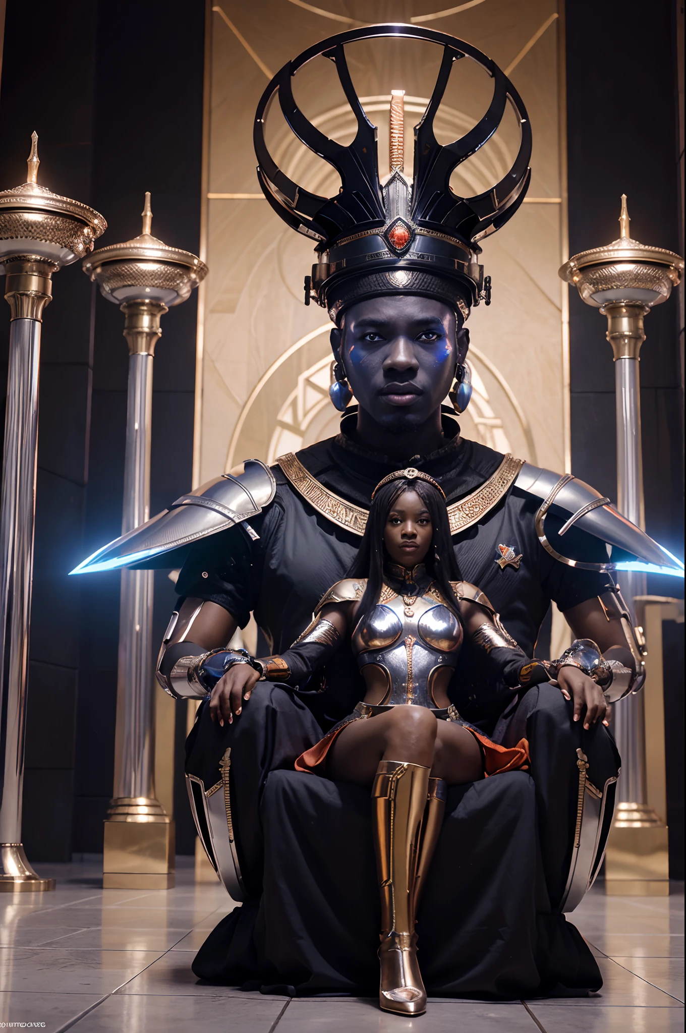 Wide angle shot of african futuristic palace with orange african designs on it, African king and African queen sitting on the throne, metallic chrome bodyguard androids holding futuristic spears, standing next to the king and queen, futuristic drones floating in the palace, anime art, afrofuturism art, black anime art, Palace glowing with bbright and vibrant blue lights shining,  with beautiful iridescent light, artgerm style, 32k, ultra HD, unreal engine rendered, hyper-realistic image
