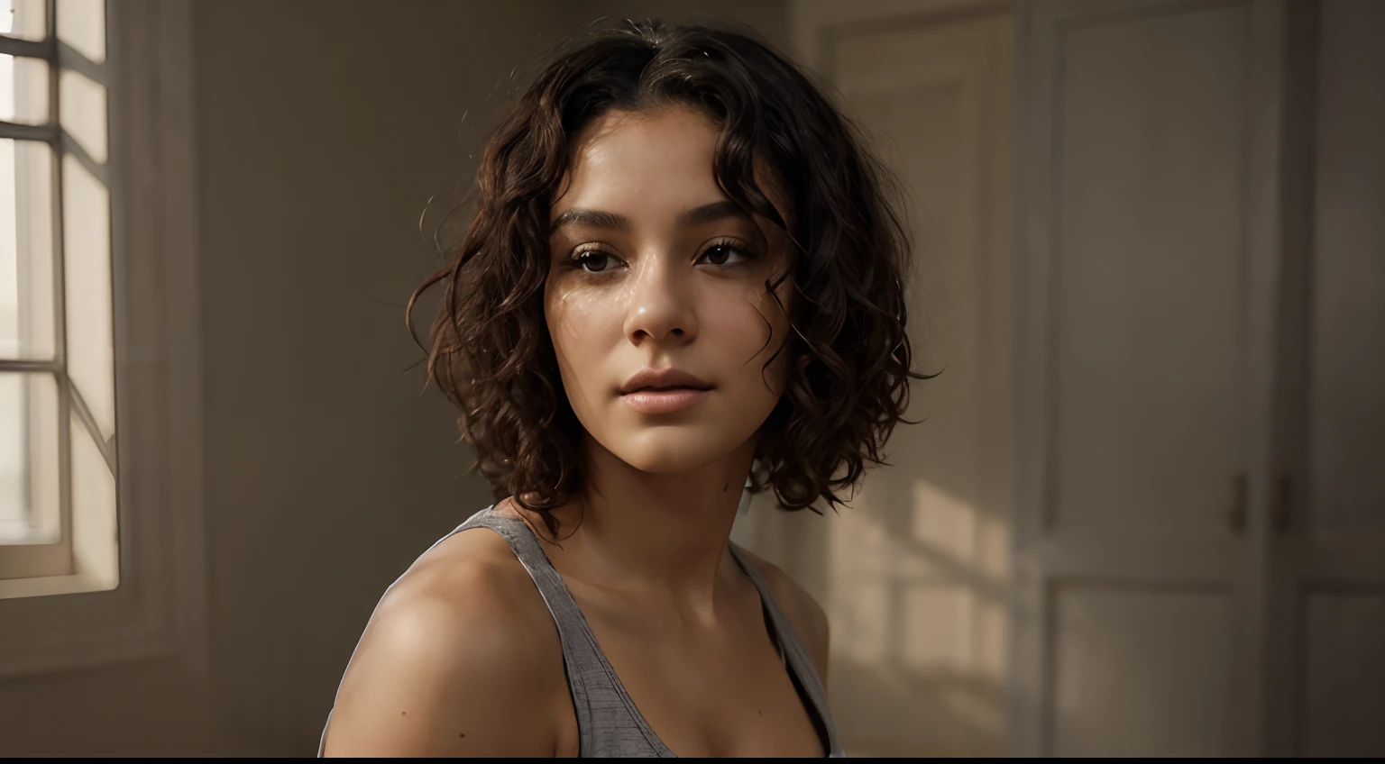 Portrait photograph of a woman, human likeness, photomodel, bob hair, curly hair, black turtleneck sweater, grey  background cinematic lighting, Medium Shot