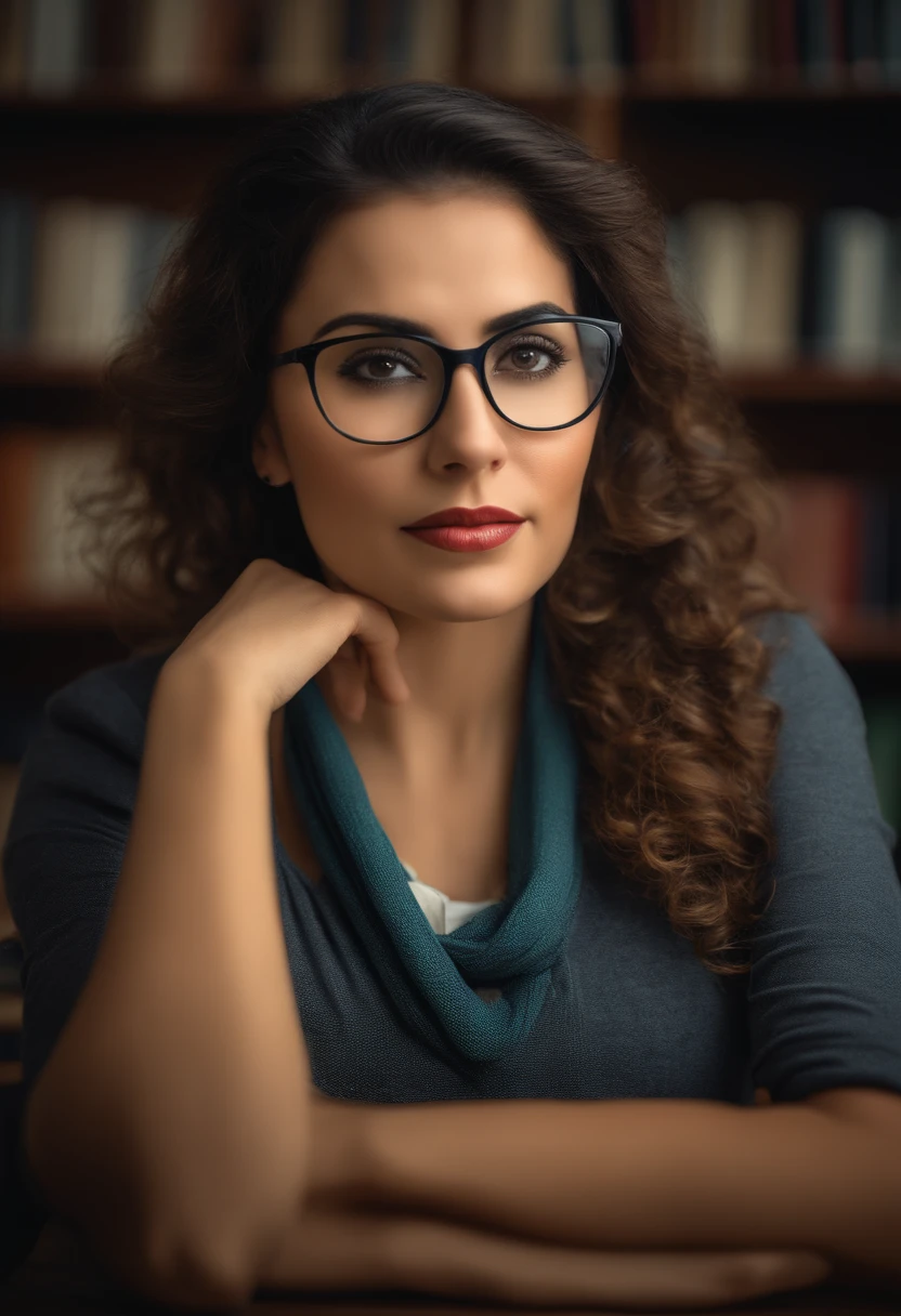 Photo portrait of beauty of a teacher in classroom Woman with glasses and scarf looking at camera, close - retrato facial de cima, Personagem (best quality) (circunstanciado) (8k) (HDR) (O papel de parede) (Cinematic lighting) (foco nítido) (intrincado)