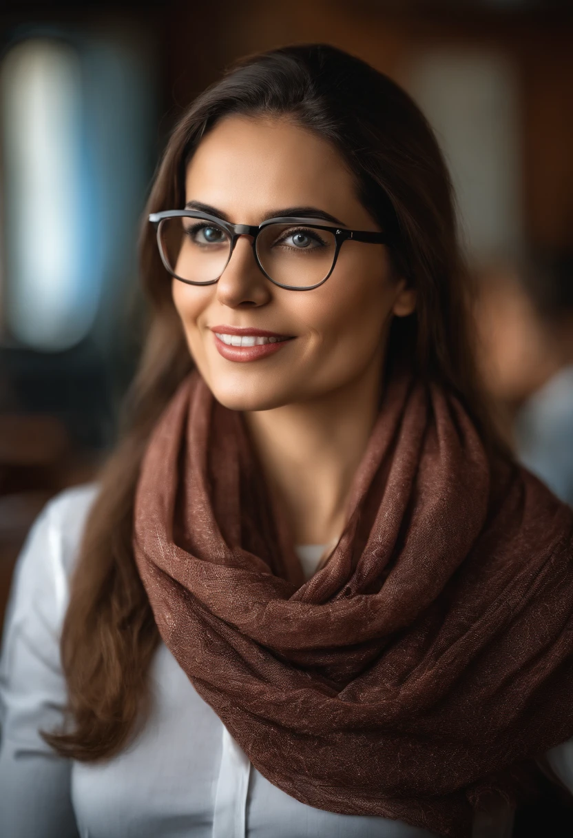 Photo portrait of beauty of a teacher in classroom Woman with glasses and scarf looking at camera, close - retrato facial de cima, Personagem (best quality) (circunstanciado) (8k) (HDR) (O papel de parede) (Cinematic lighting) (foco nítido) (intrincado)
